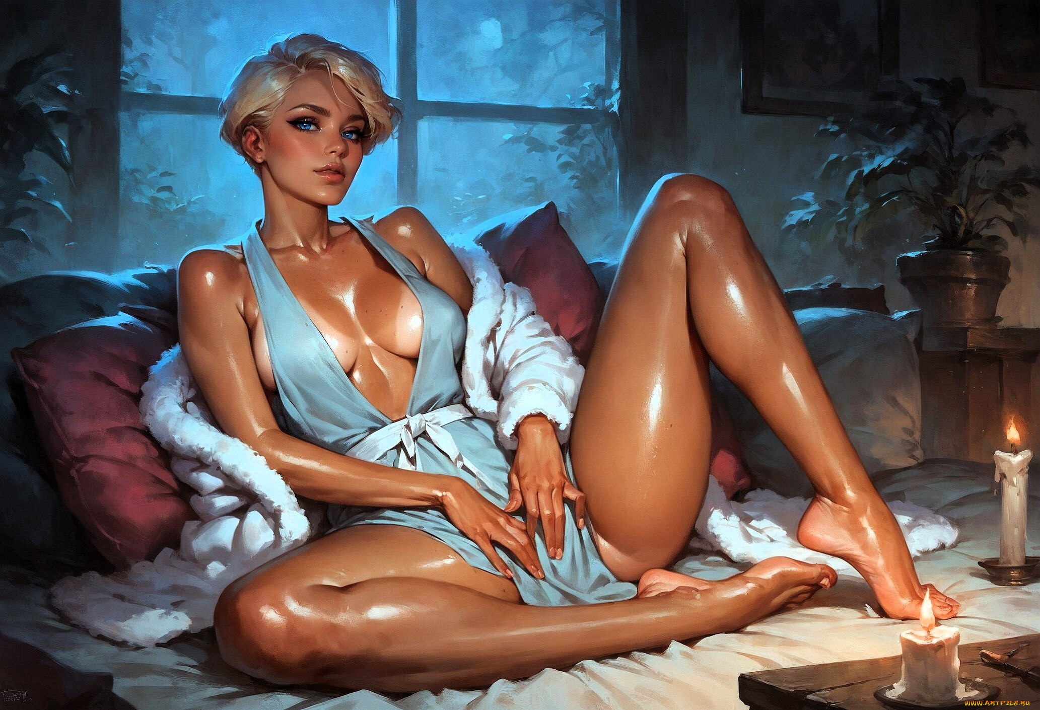 рисованное, люди, девушка, блондинка, платье, диван, окно, свечи