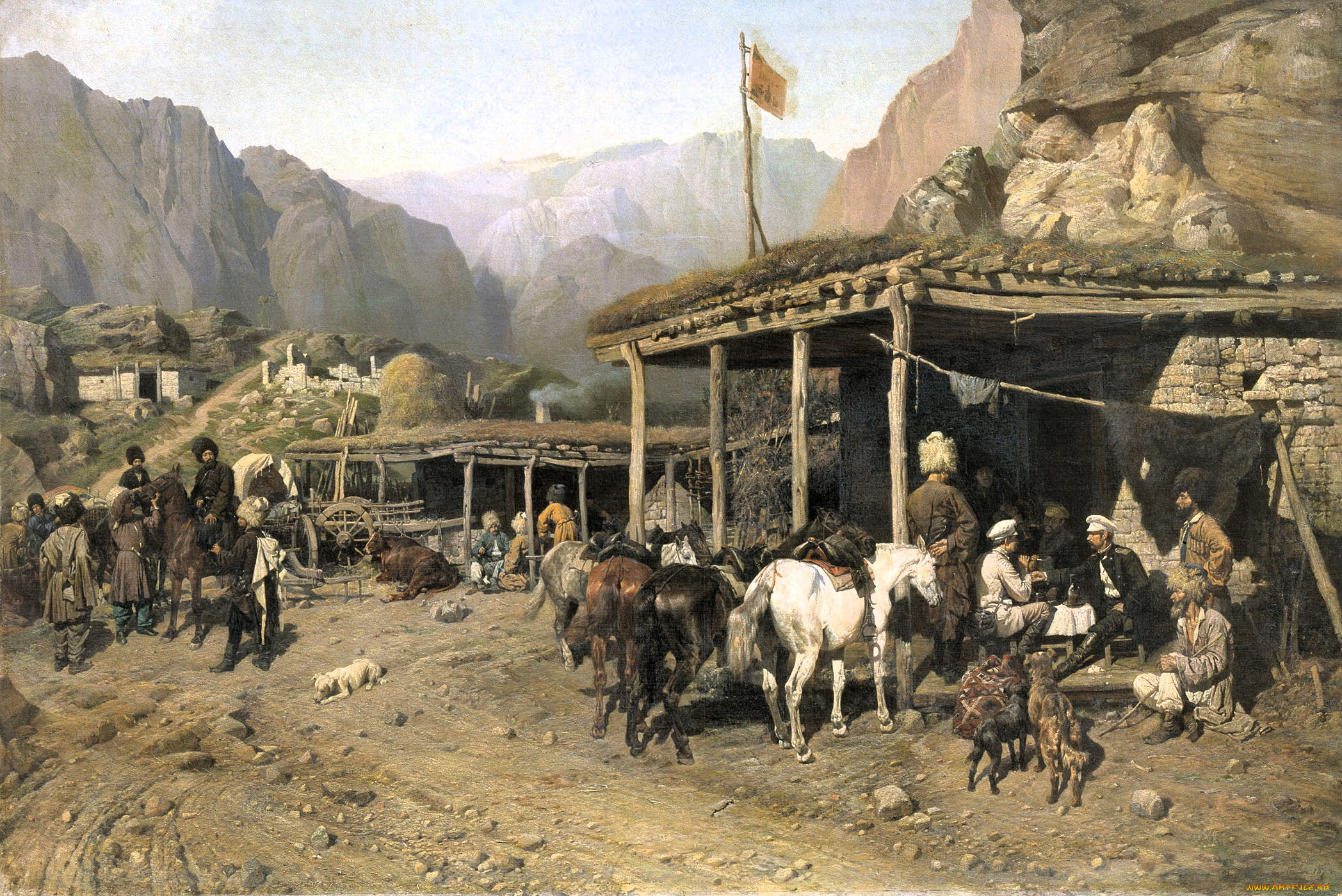 рисованное, павел, ковалевский, горы, селение, люди, животные