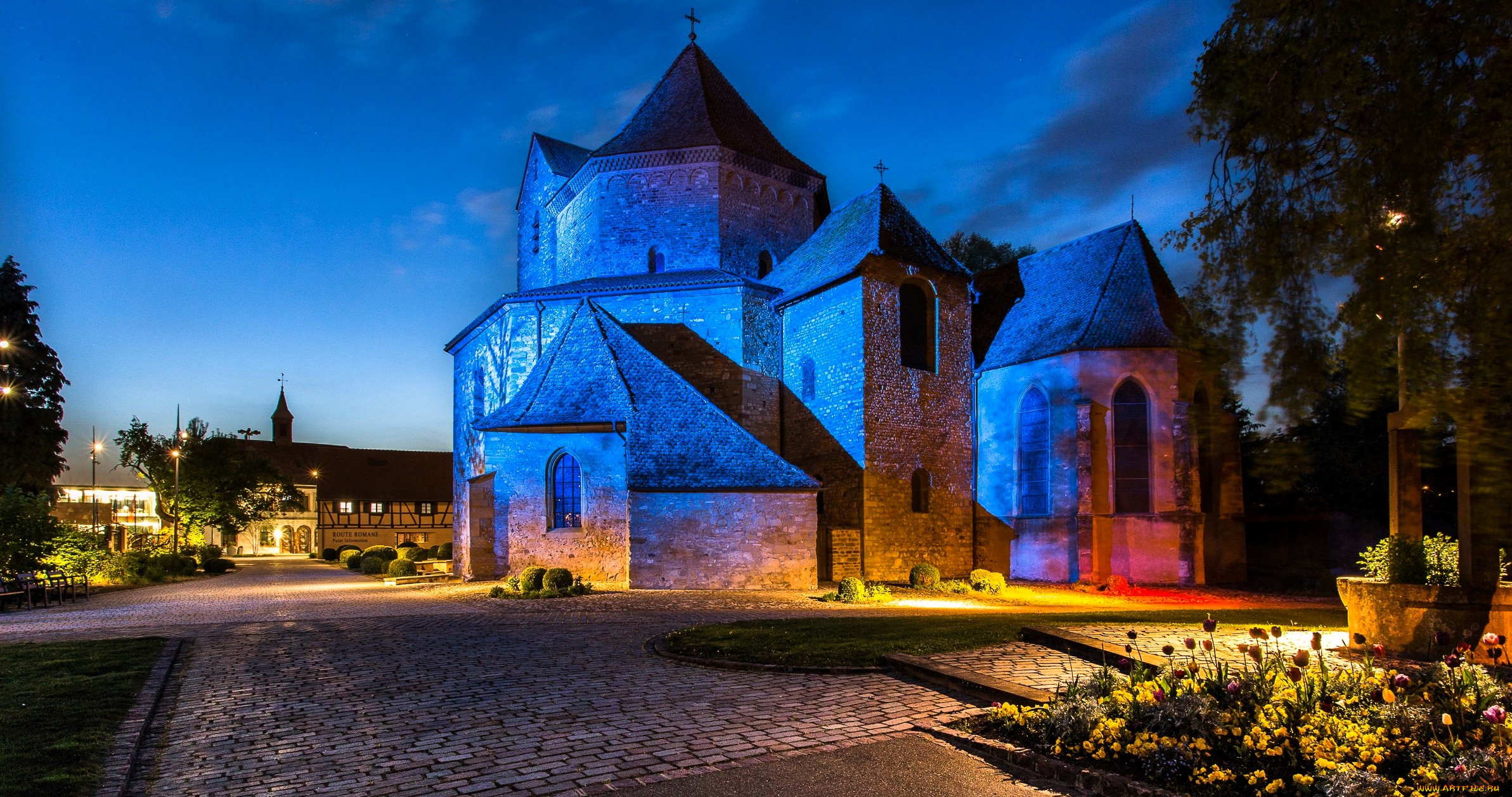 города, -, католические, соборы, , костелы, , аббатства, аббатство, франция, сад, вечер, огни