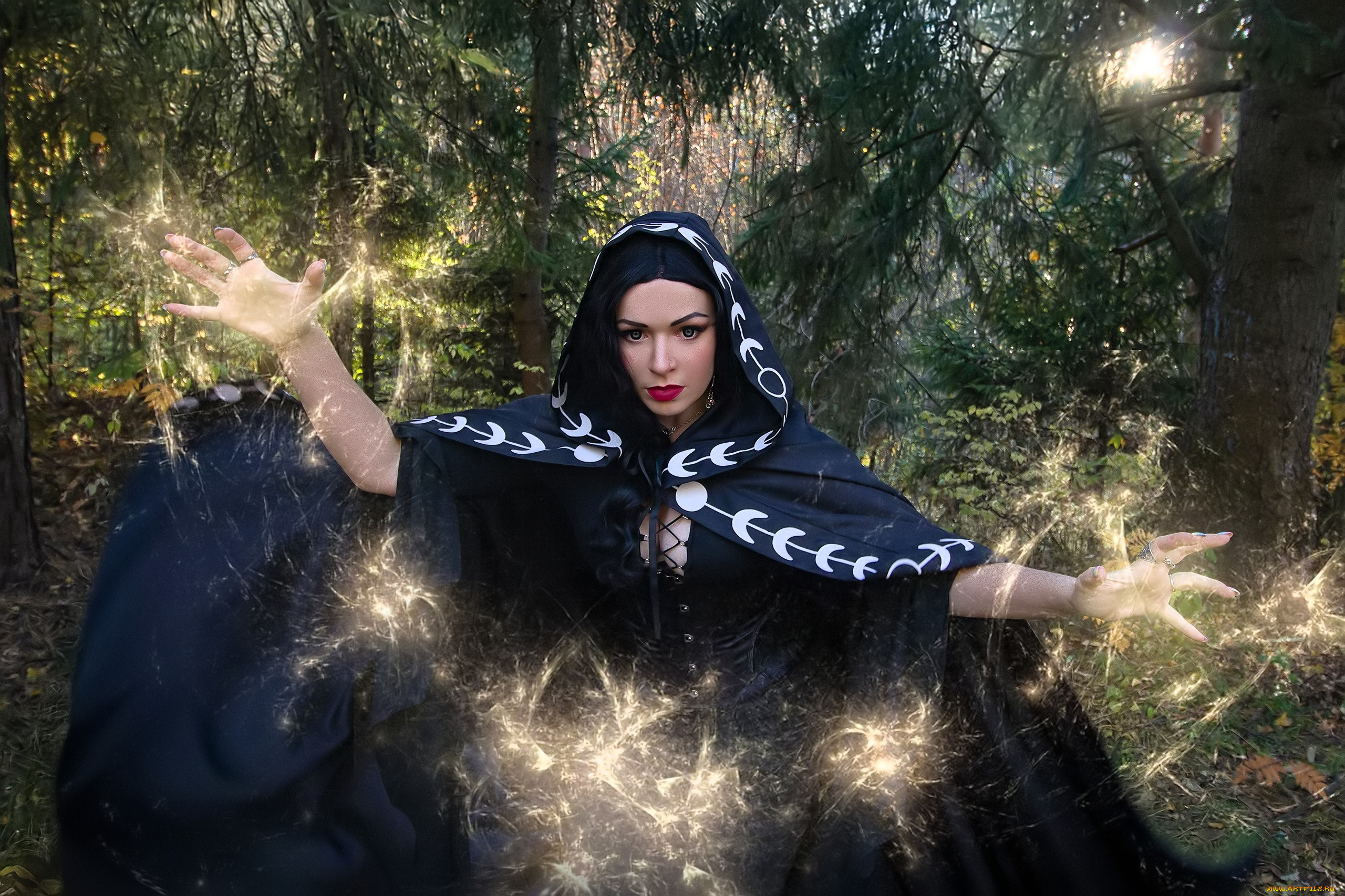 девушки, юлия, огородникова, образ, косплей, костюм, наряд, ведьма, магия, плащ, лес