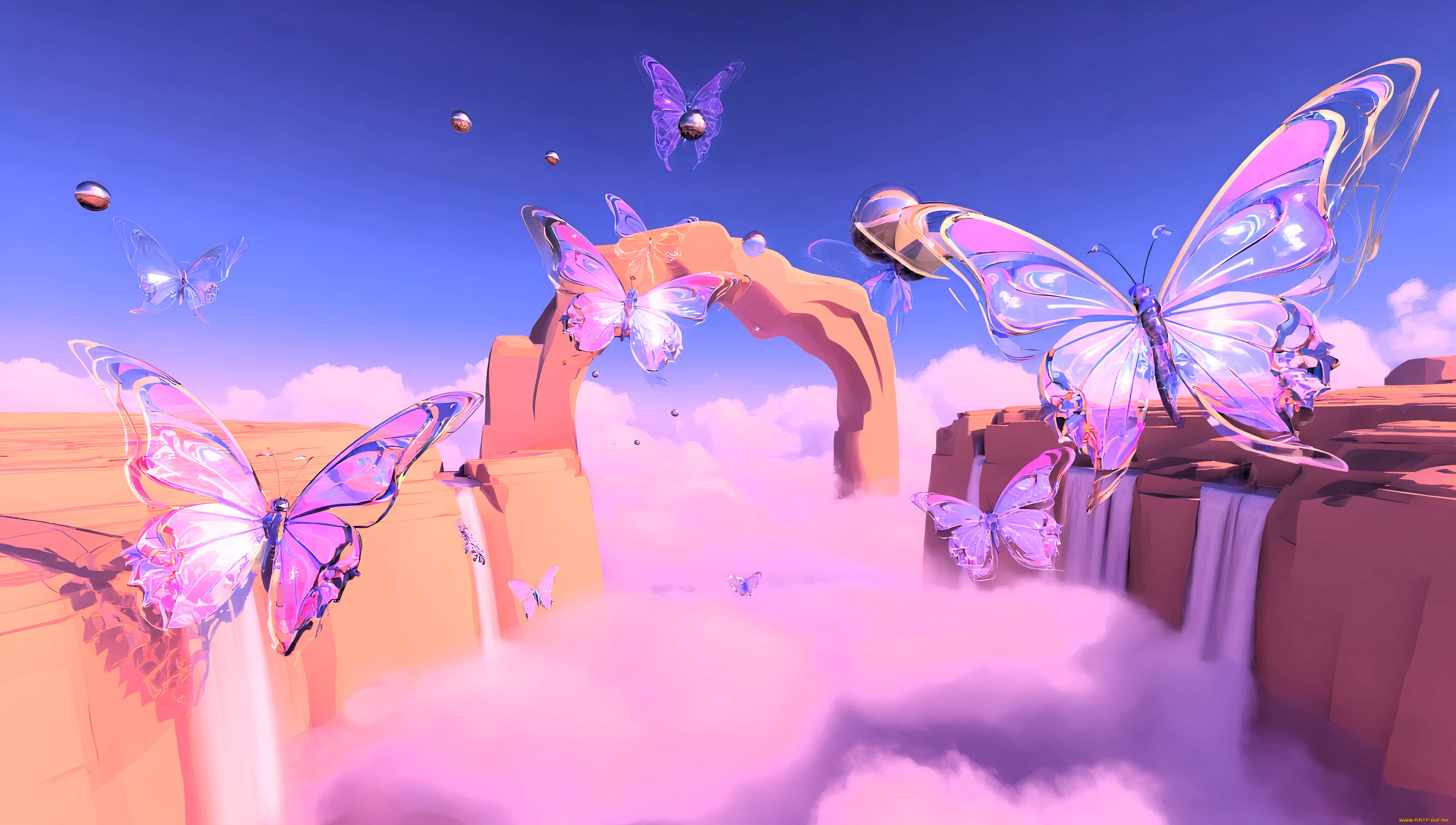 рисованное, животные, , бабочки, бабочки, скалы, арка, водопад, облако