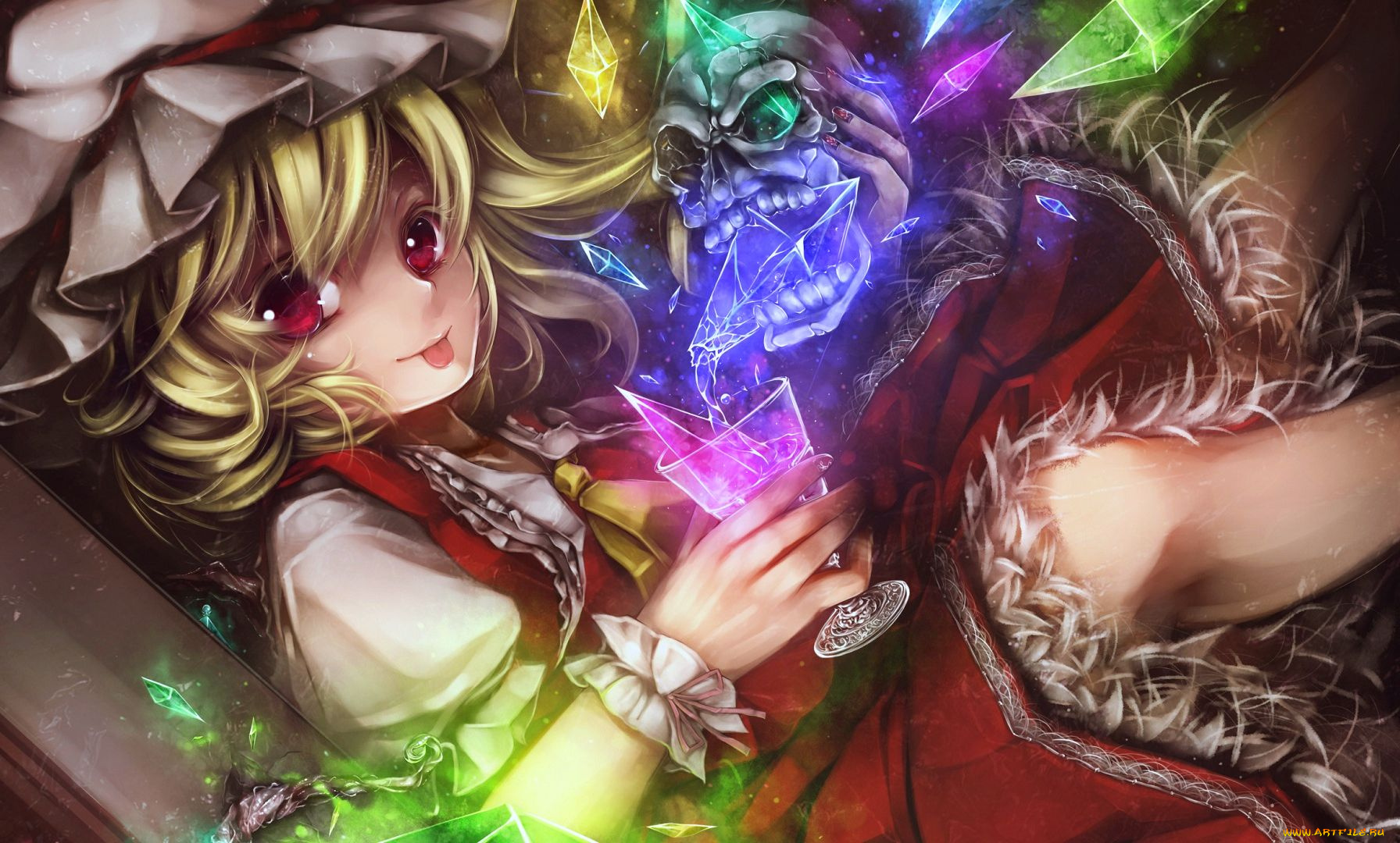 аниме, touhou, фландрэ, череп, бокал, кристалы