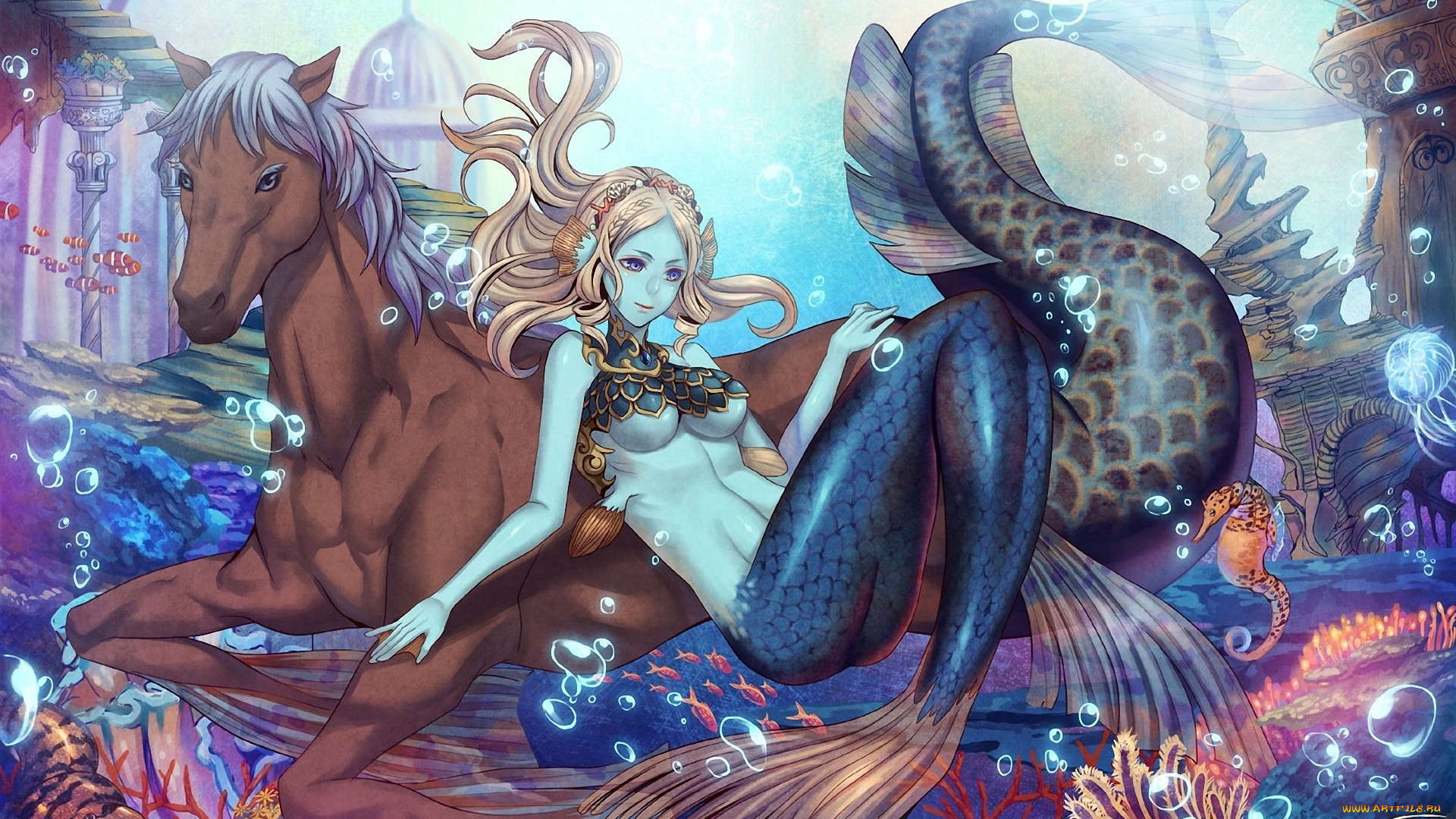 аниме, angels, demons, кораллы, хвост, под, водой, существо, конь, русалка