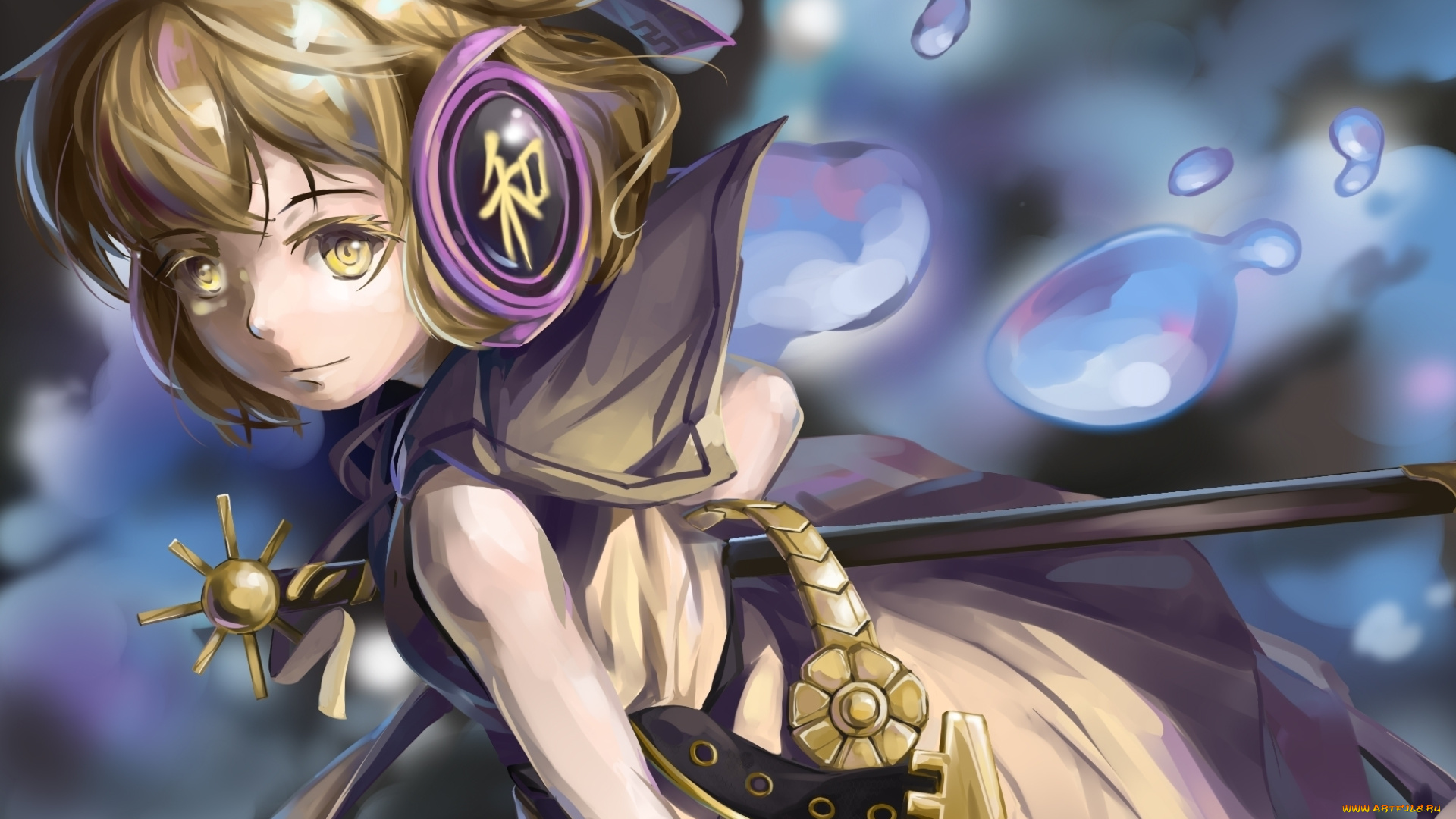 аниме, headphones, instrumental, улыбка, волосы, глаза, оружие, девушка, toyosatomimi, no, miko