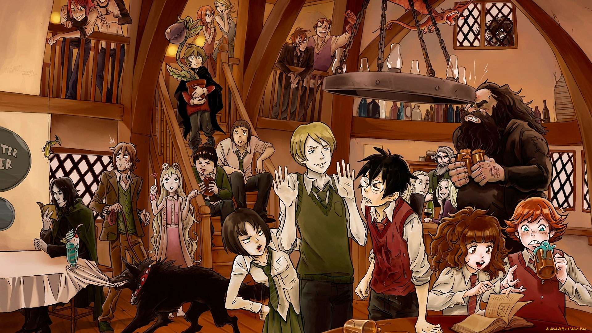аниме, *unknown, другое, бедлам, дракон, рон, хагрет, гермиона, персонажи, кабак, волк