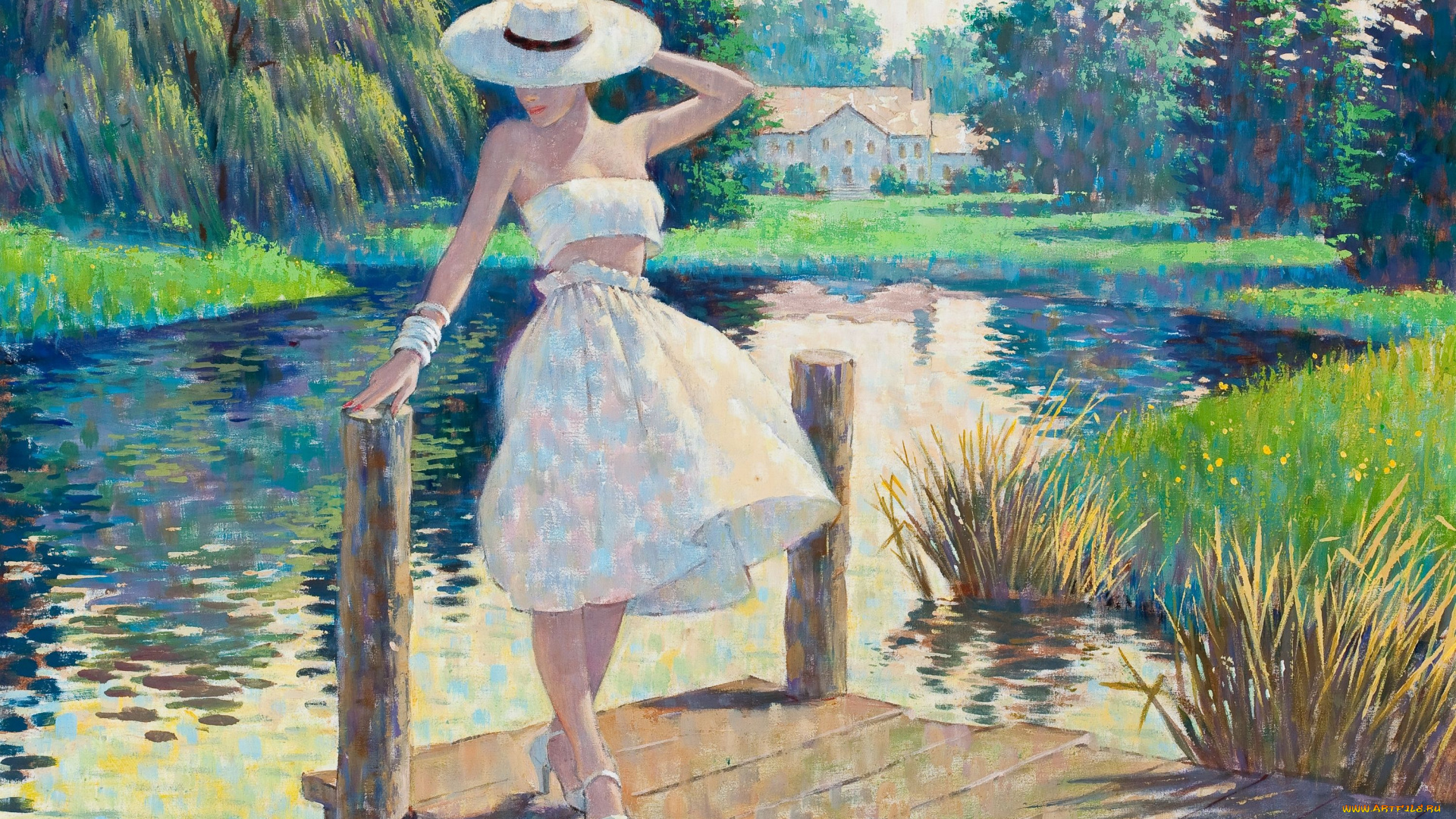 arthur, saron, sarnoff, рисованные, девушка, река, мостки