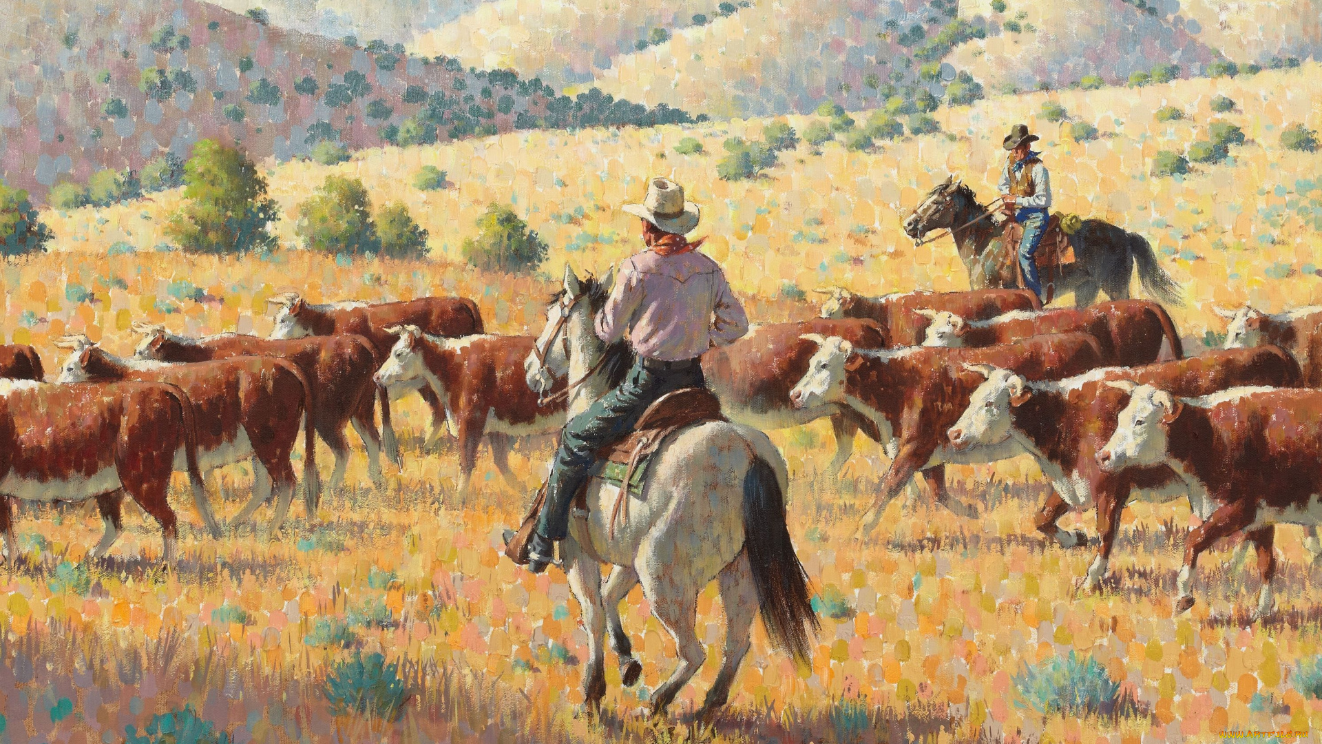 arthur, saron, sarnoff, рисованные, ковбои, пастухи, коровы, стадо