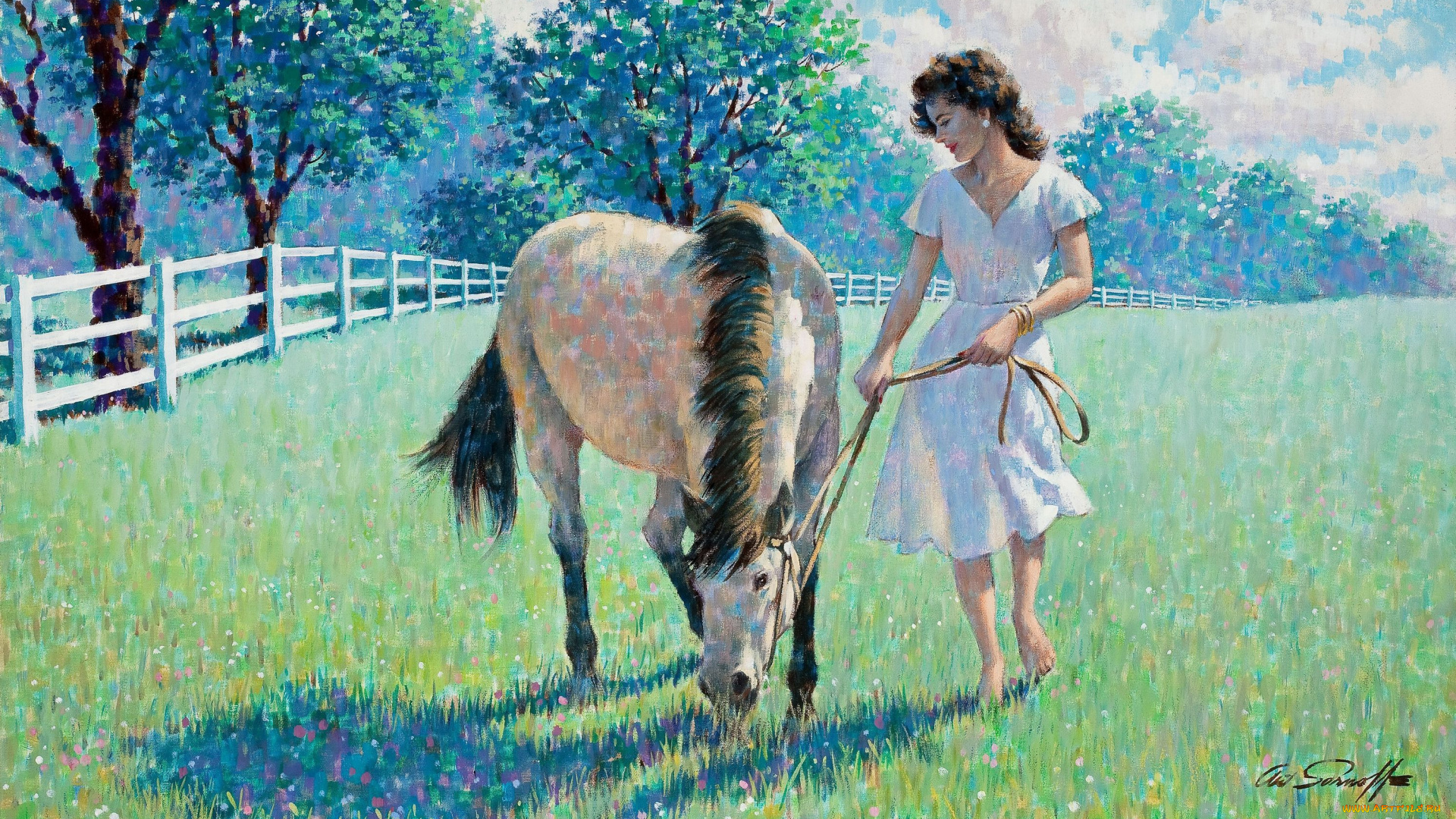 arthur, saron, sarnoff, рисованные, луг, девушка, лошадь
