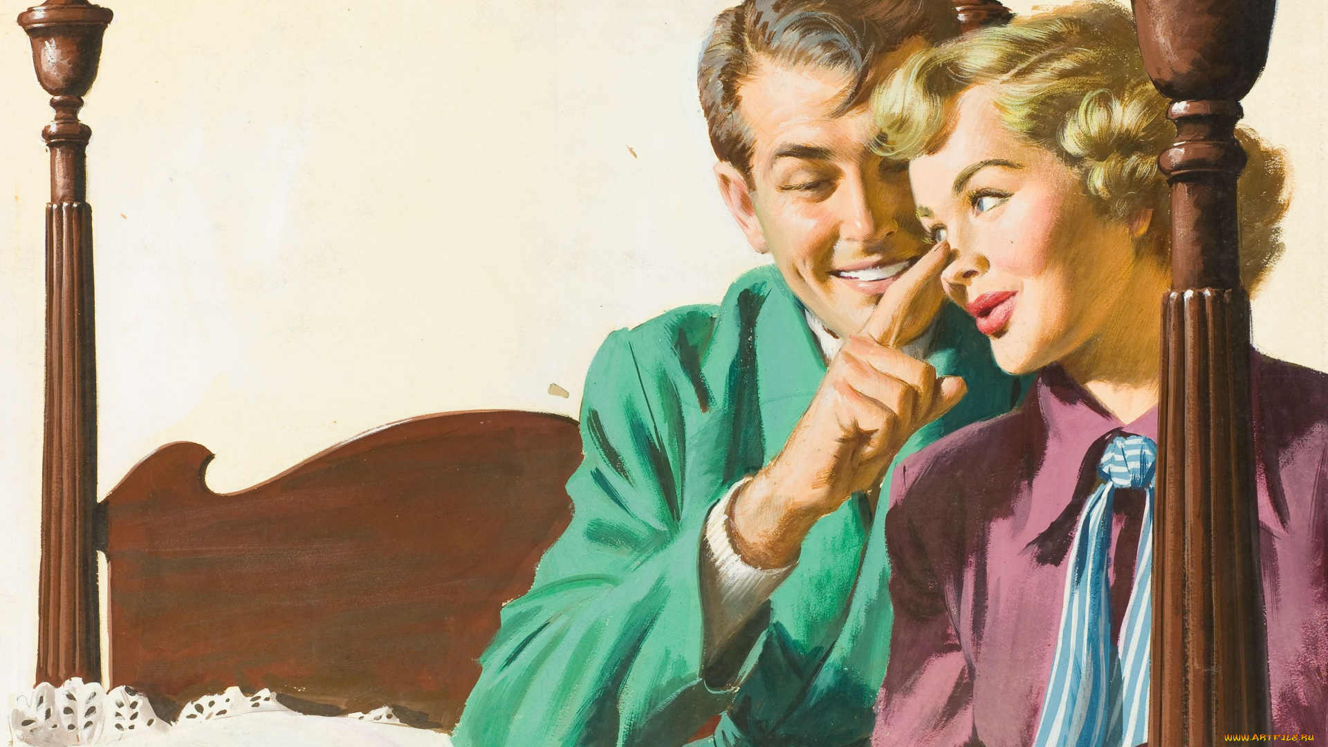 arthur, saron, sarnoff, рисованные, ситуация, кровать, женщина, мужчина