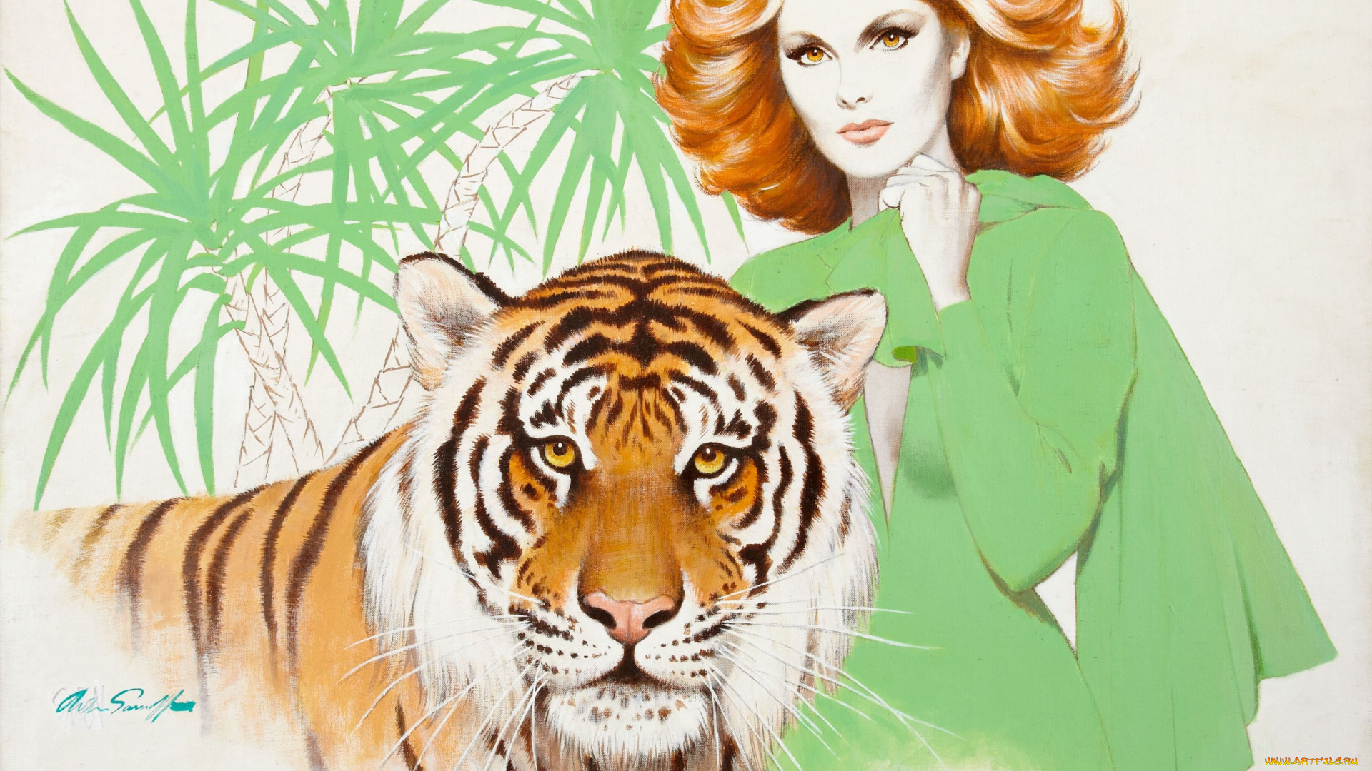 arthur, saron, sarnoff, рисованные, тигр, девушка