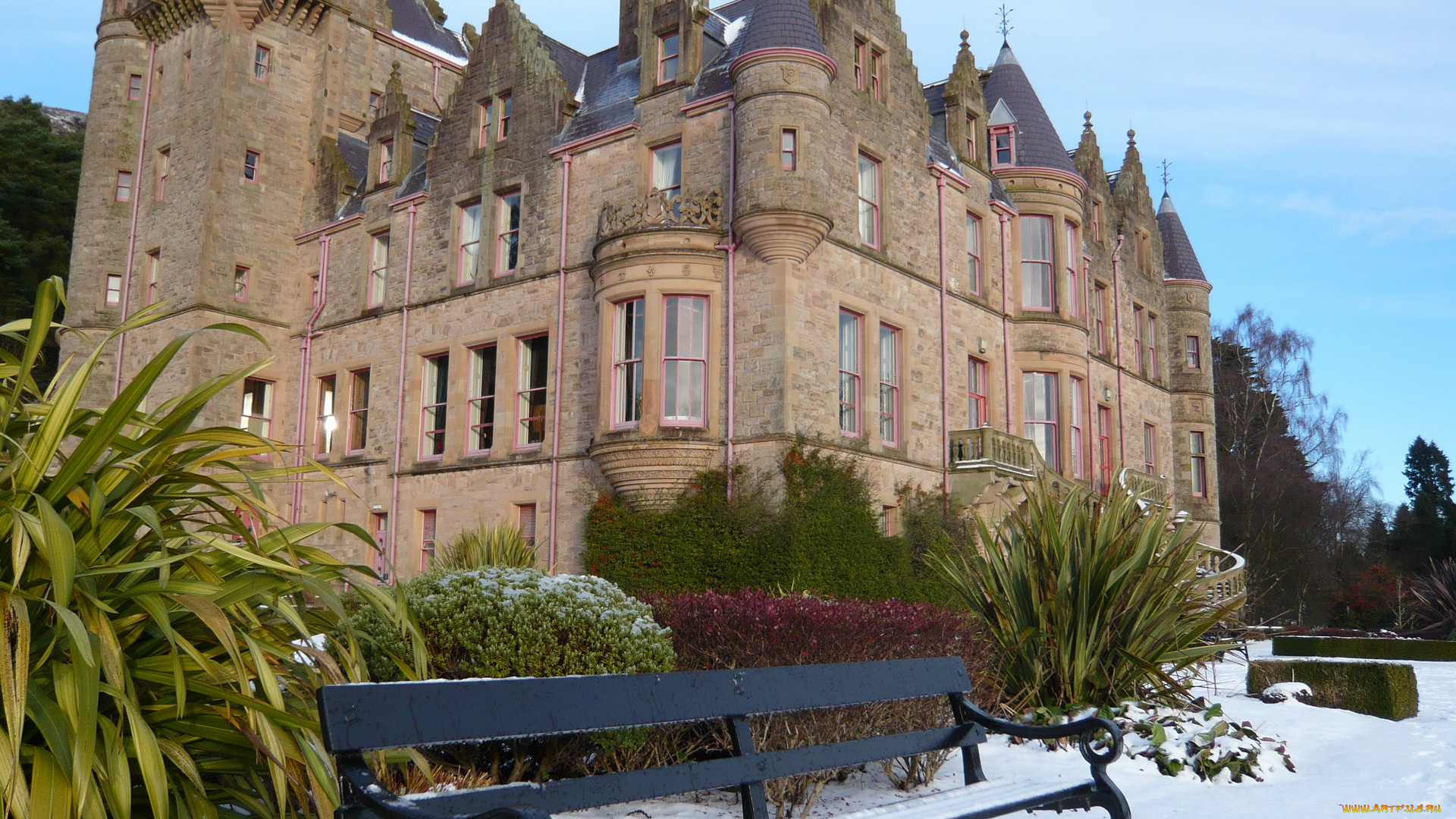 belfast, castle, northern, ireland, города, дворцы, замки, крепости, замок, скамейка, кусты, снег, зима