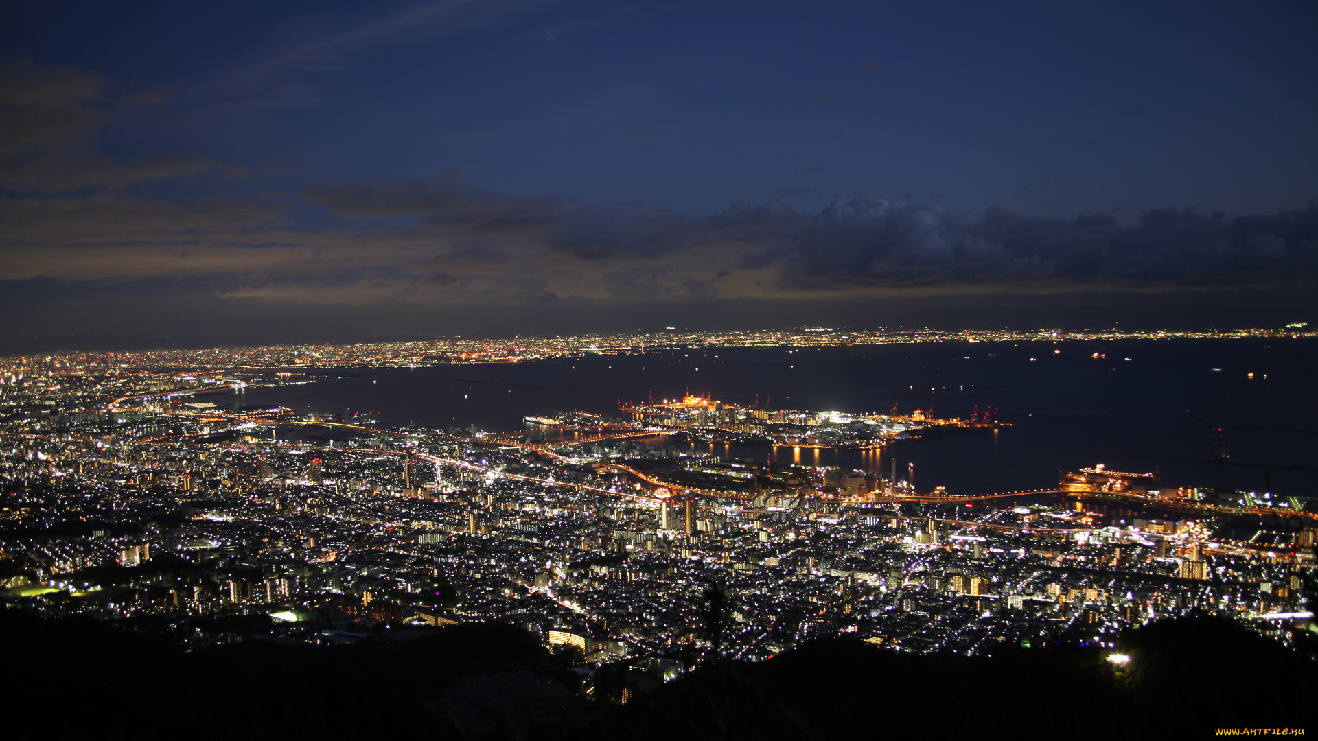 города, огни, ночного, облака, вечер