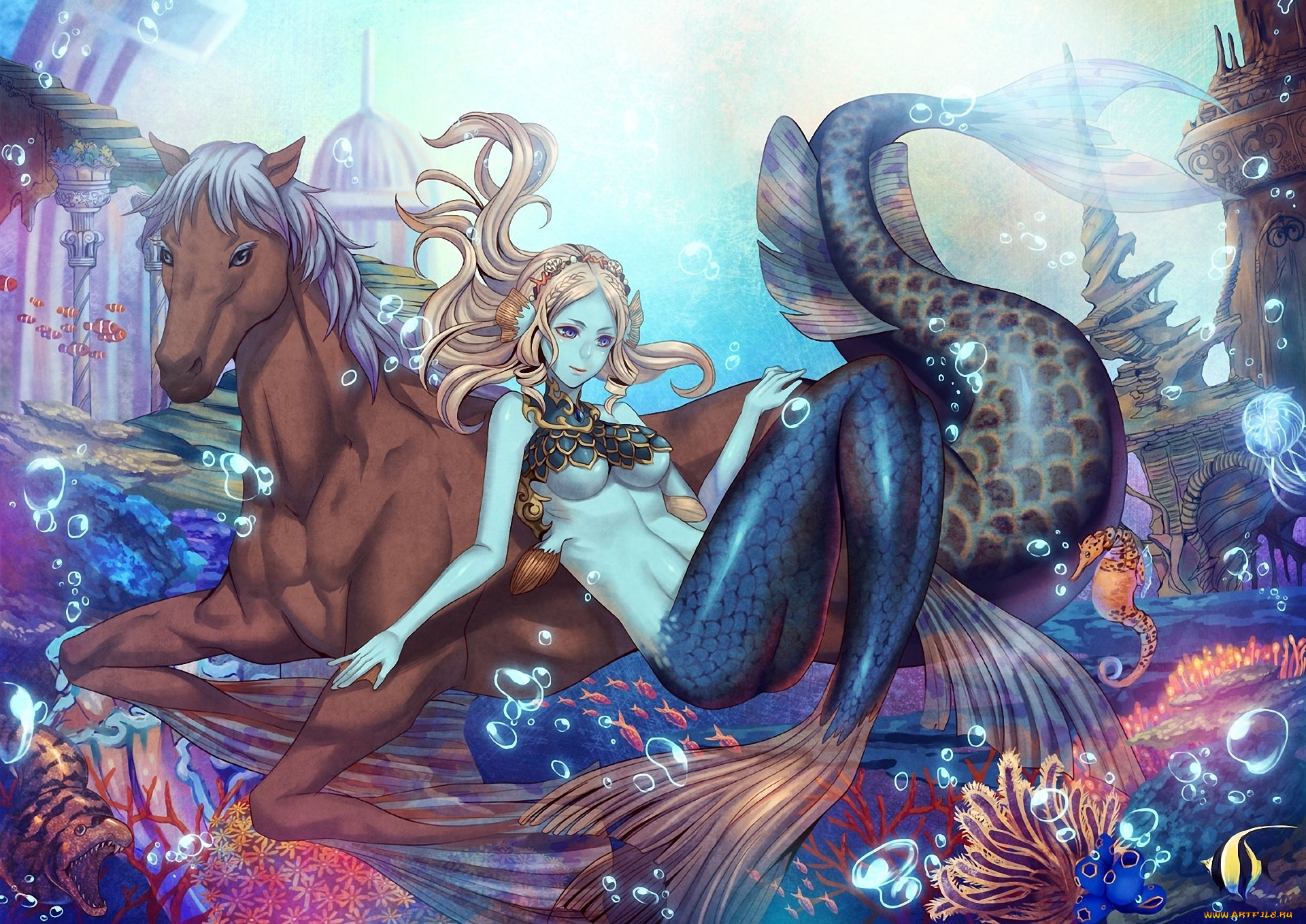аниме, angels, demons, кораллы, хвост, под, водой, существо, конь, русалка