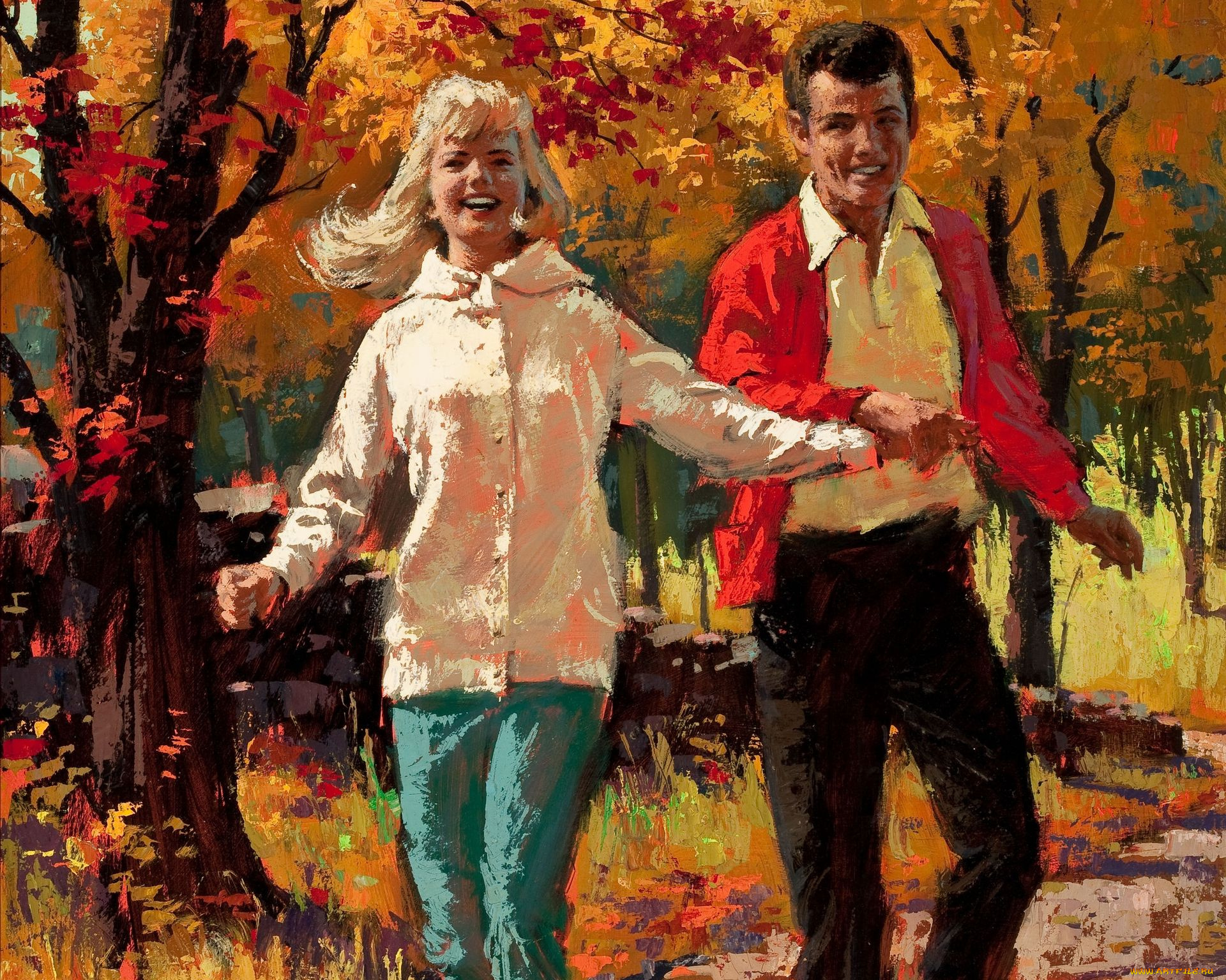 arthur, saron, sarnoff, рисованные, мужчина, осень, настроение, женщина