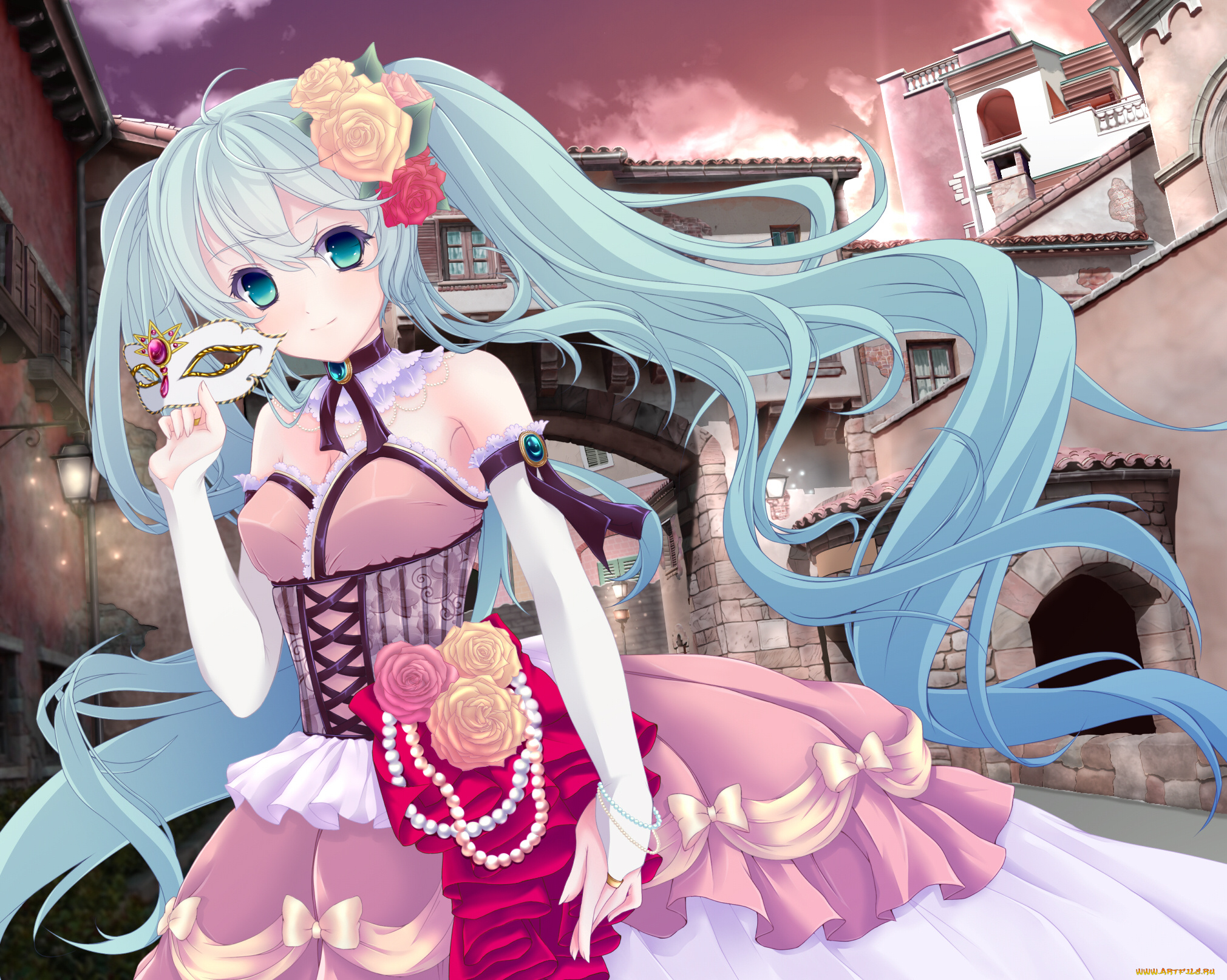 аниме, vocaloid, маска, платье, город, девушка, hatsune, miku