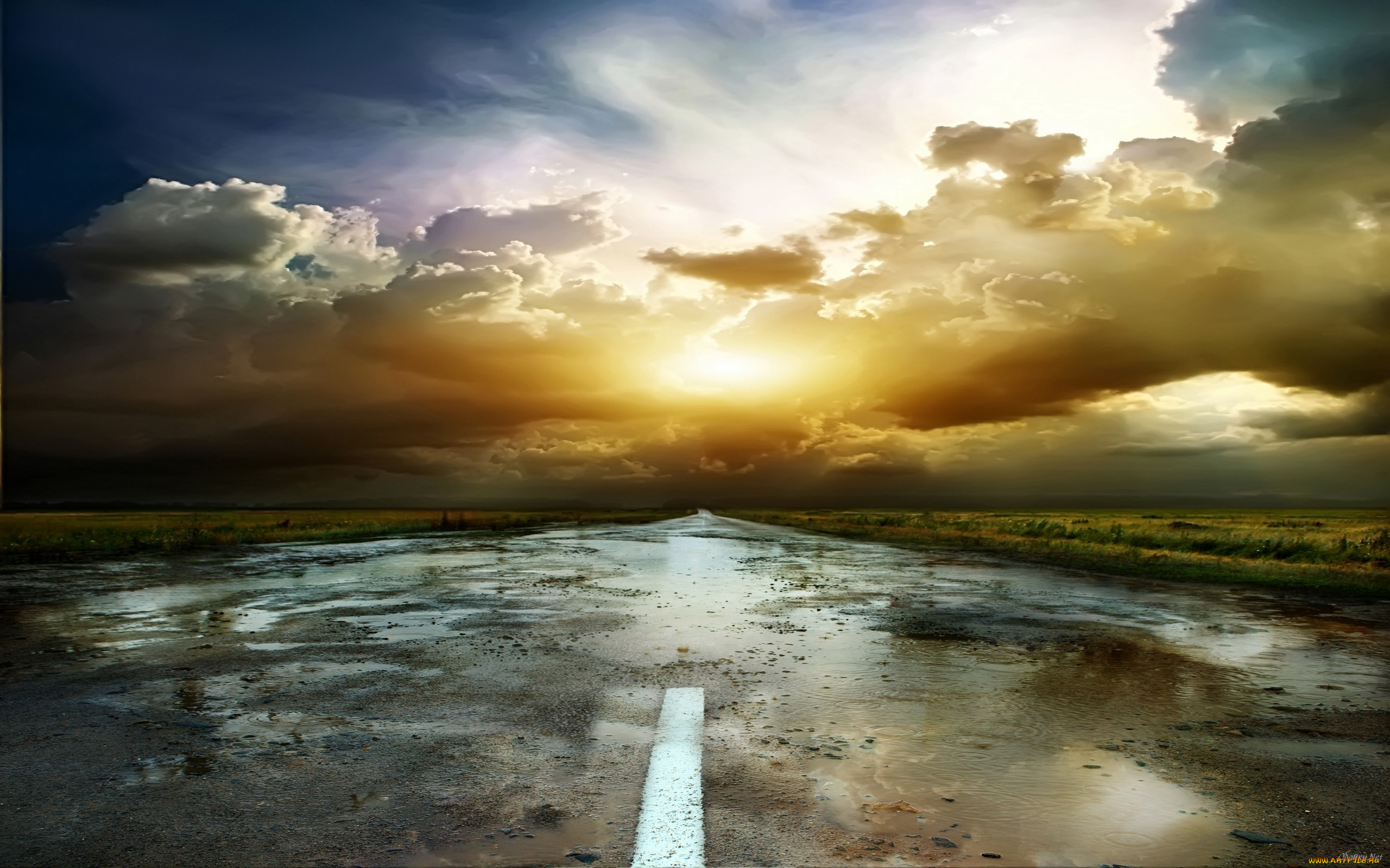 природа, дороги, закат, дорога, лужи