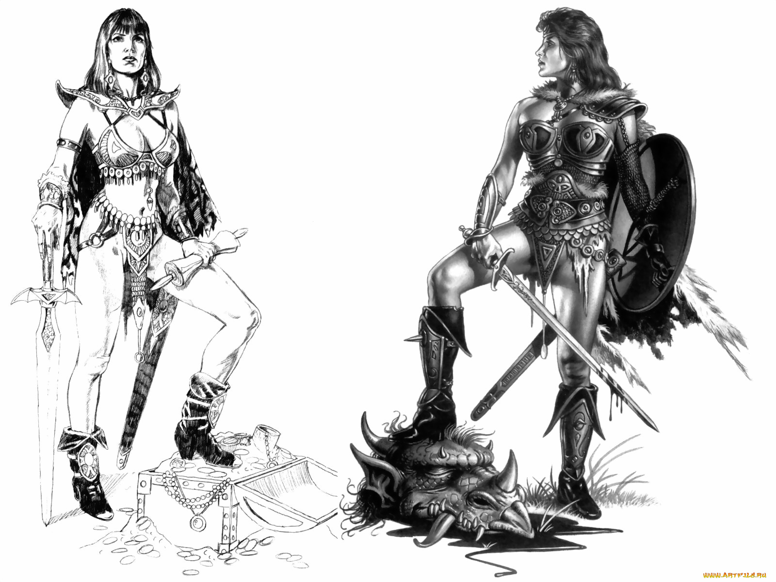 рисованные, люди, воительницы, мечи, сундук, голова