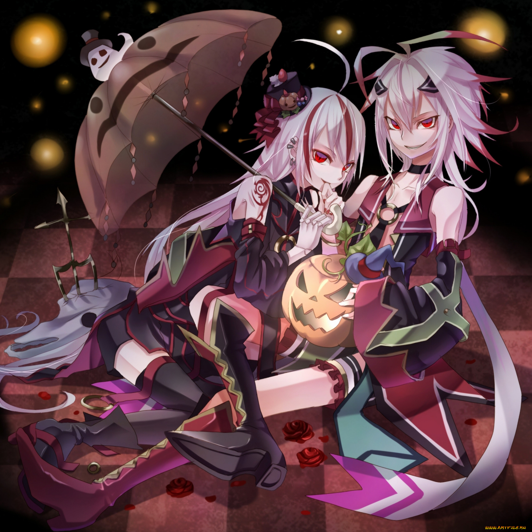 аниме, halloween, magic, девушки, тыква, призрак, зонтик, демоны, хелуин