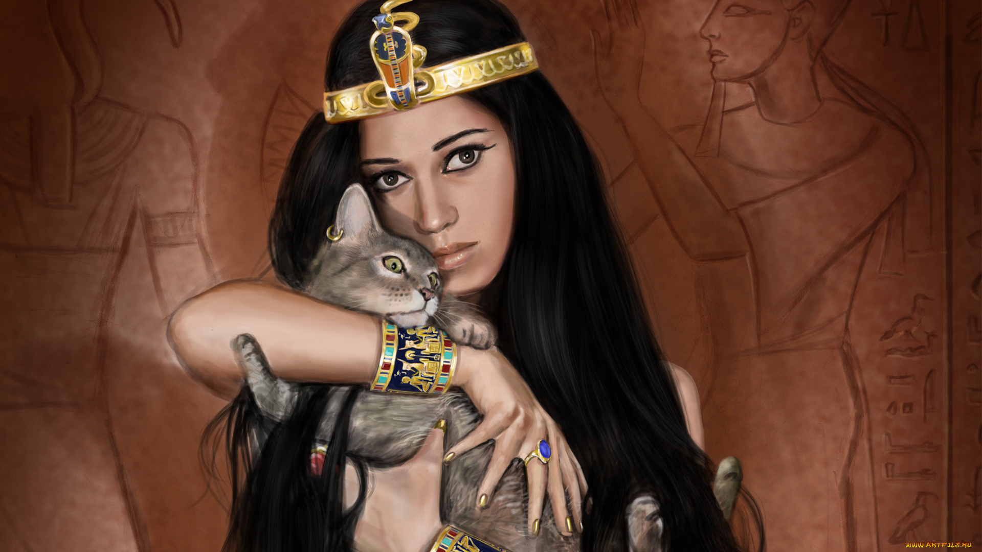 рисованные, люди, египтянка, царица, кошка, украшения