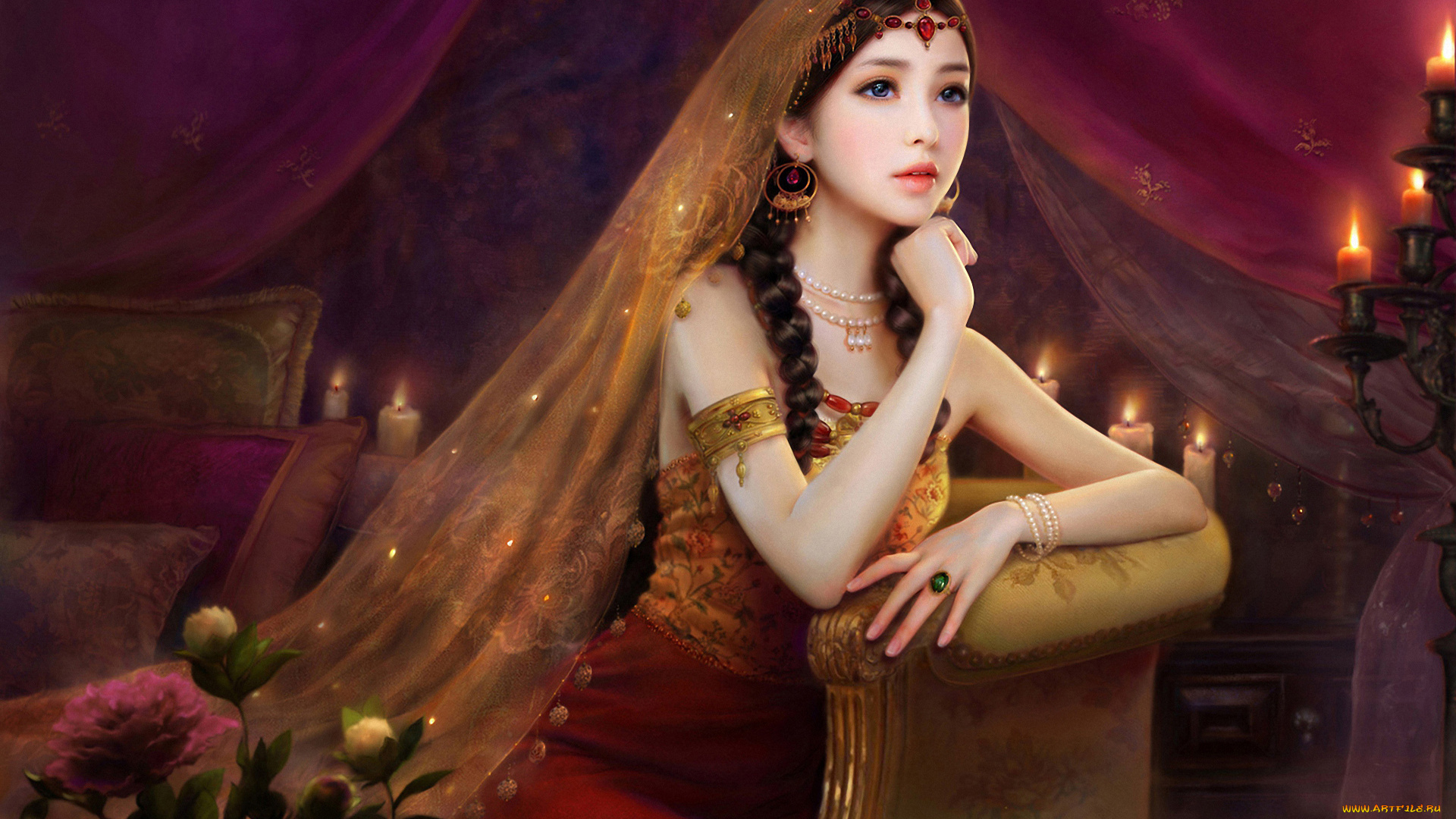 рисованные, люди, нежная, украшения, накидка, сидя, подушки, ruoxing, zhang, девушка, свечи, цветы, диван