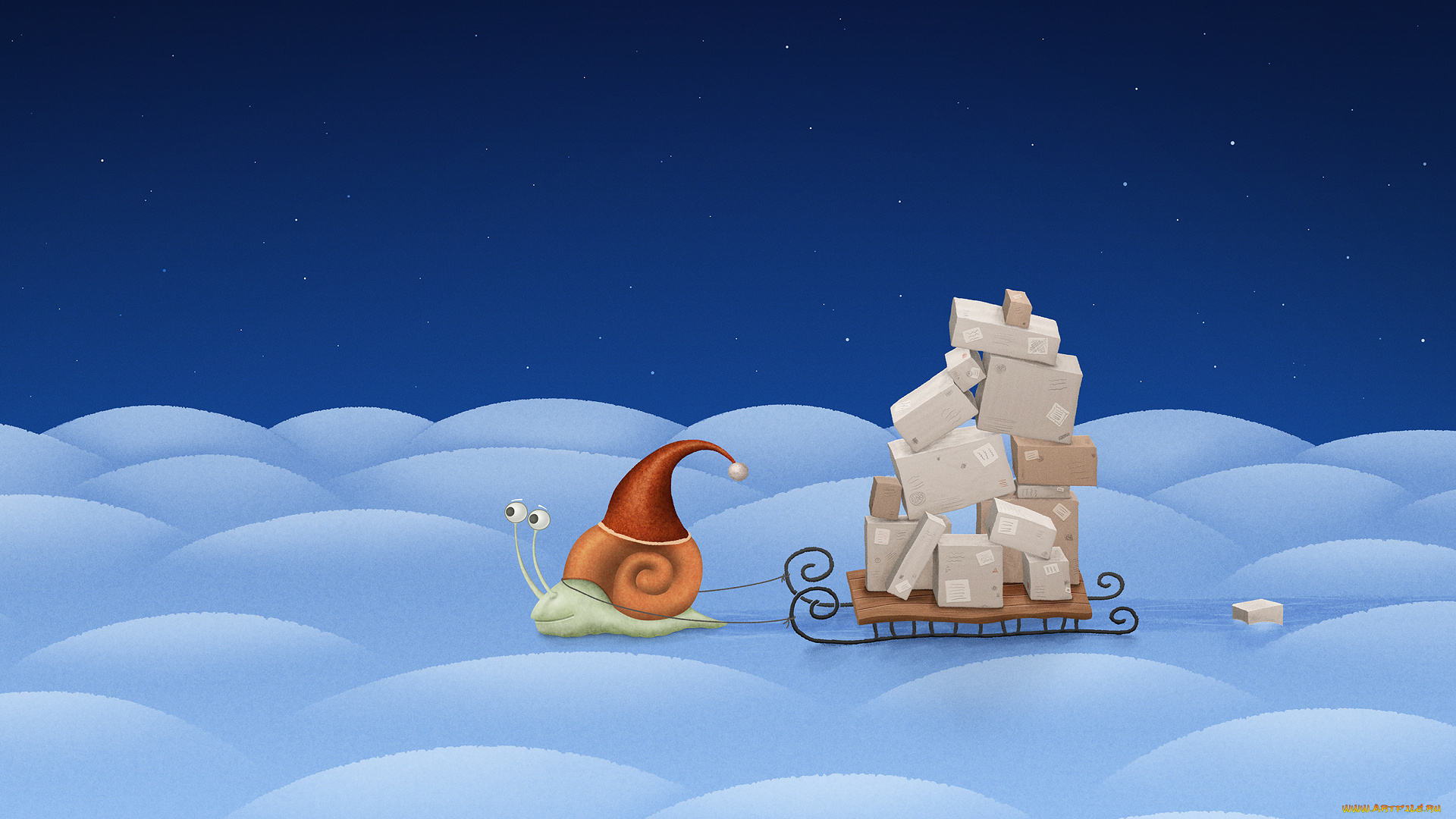 рисованные, vladstudio, улитка, снег, сани