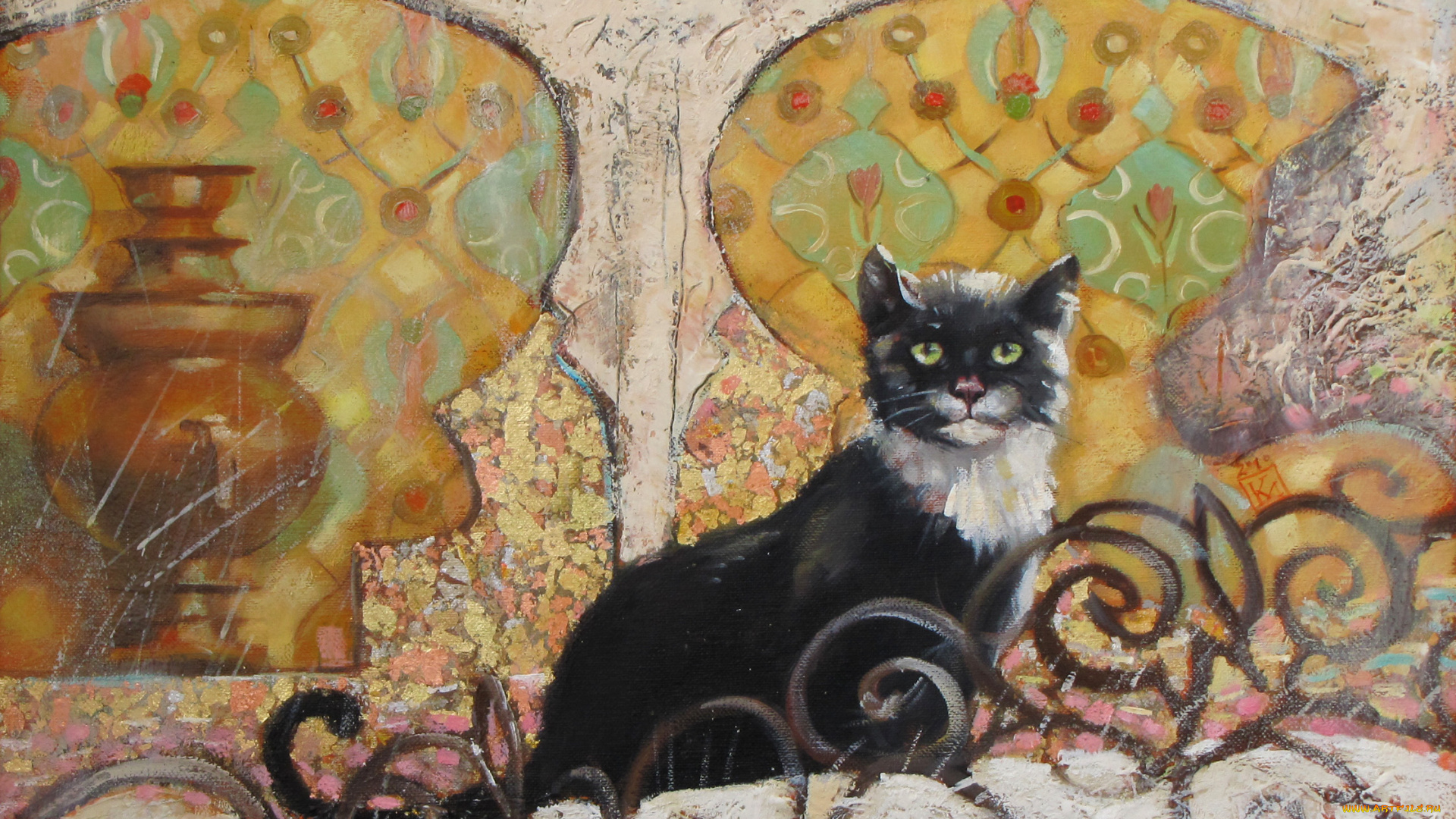 рисованные, животные, коты, взгляд, самовар, кошка, завитки, мозаика, узоры, марианна, калачева