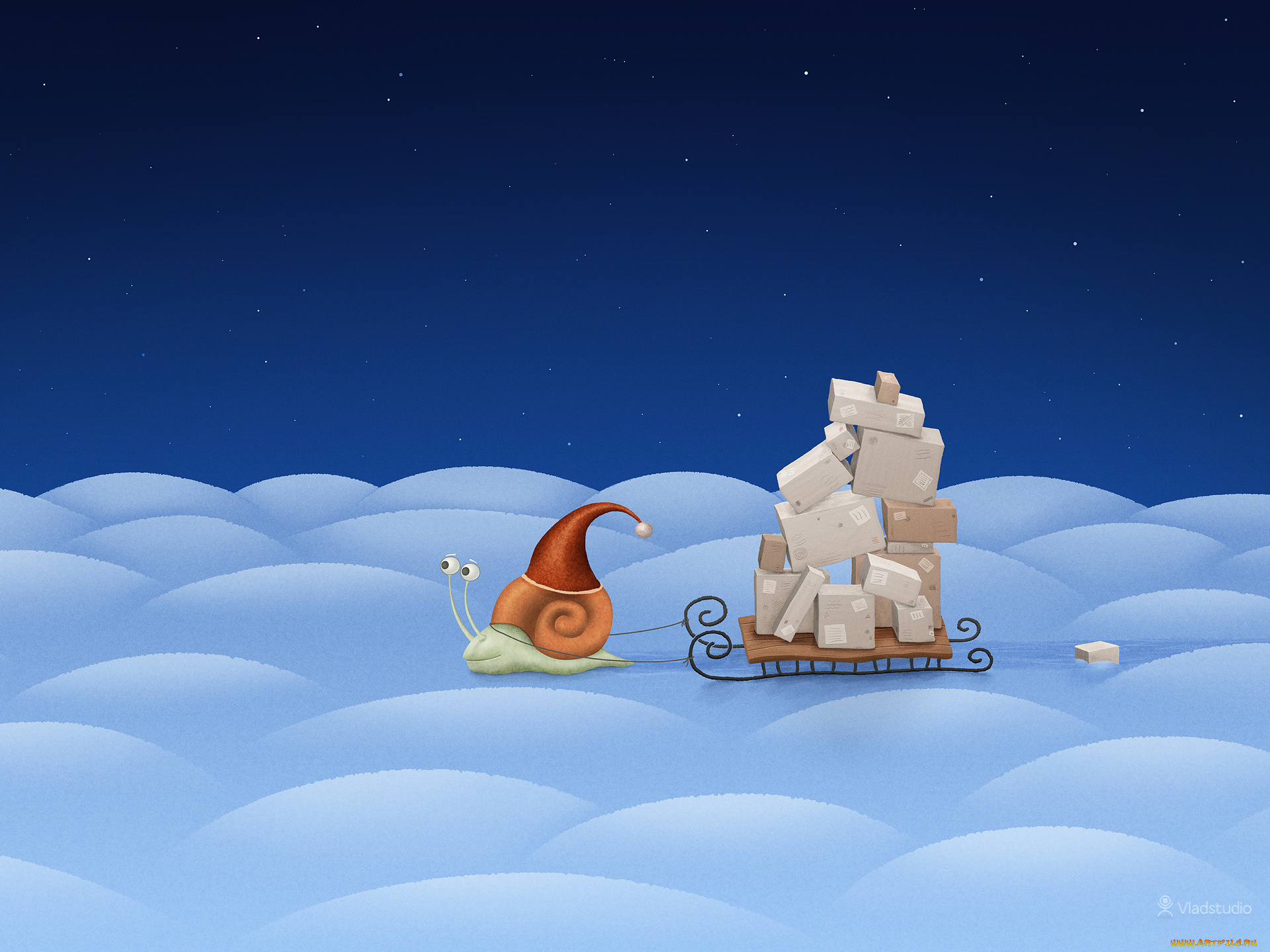 рисованные, vladstudio, улитка, снег, сани