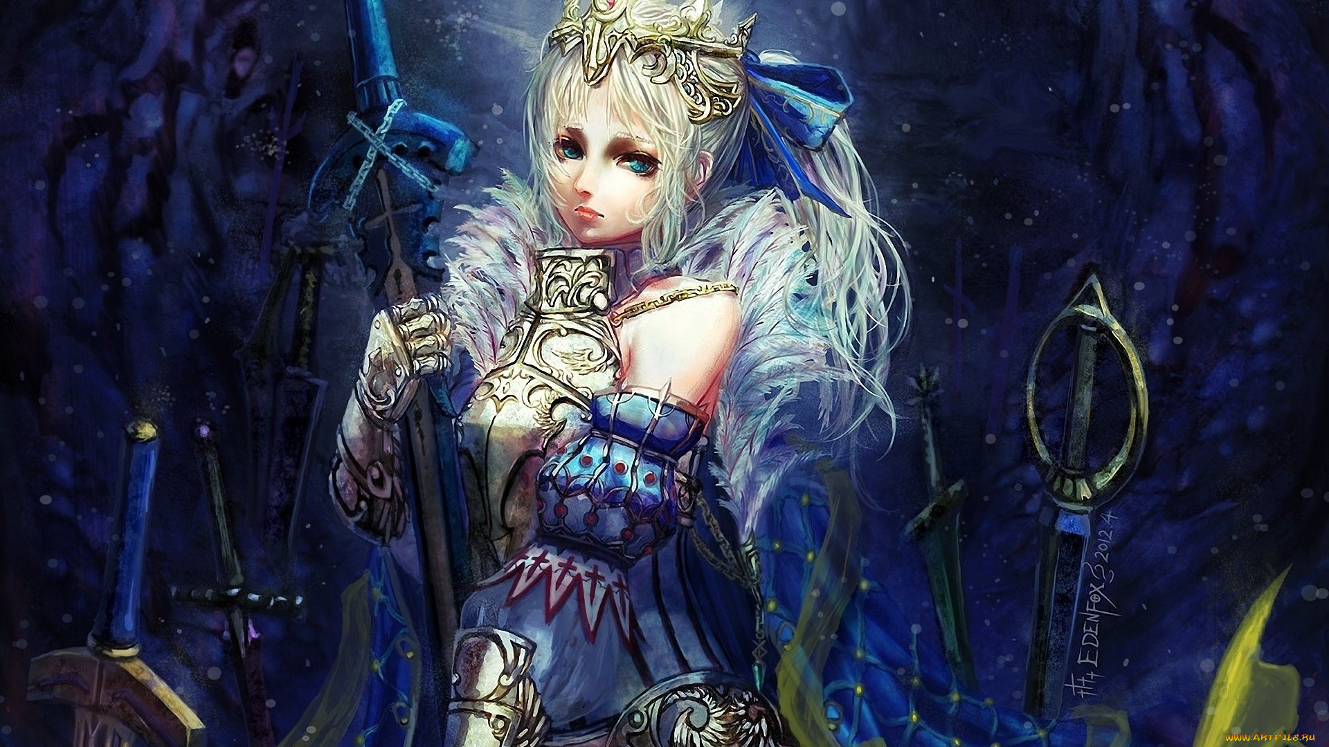 фэнтези, девушки, девушка, воительница, корона, амуниция, мечи, печаль