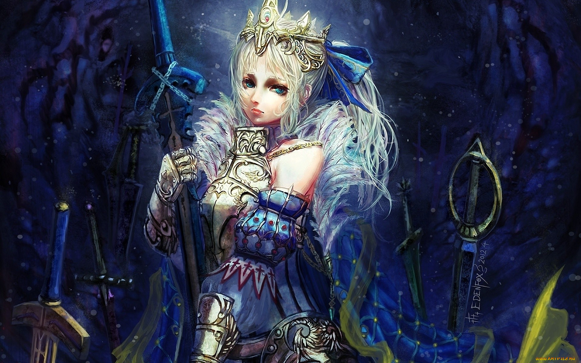 фэнтези, девушки, девушка, воительница, корона, амуниция, мечи, печаль