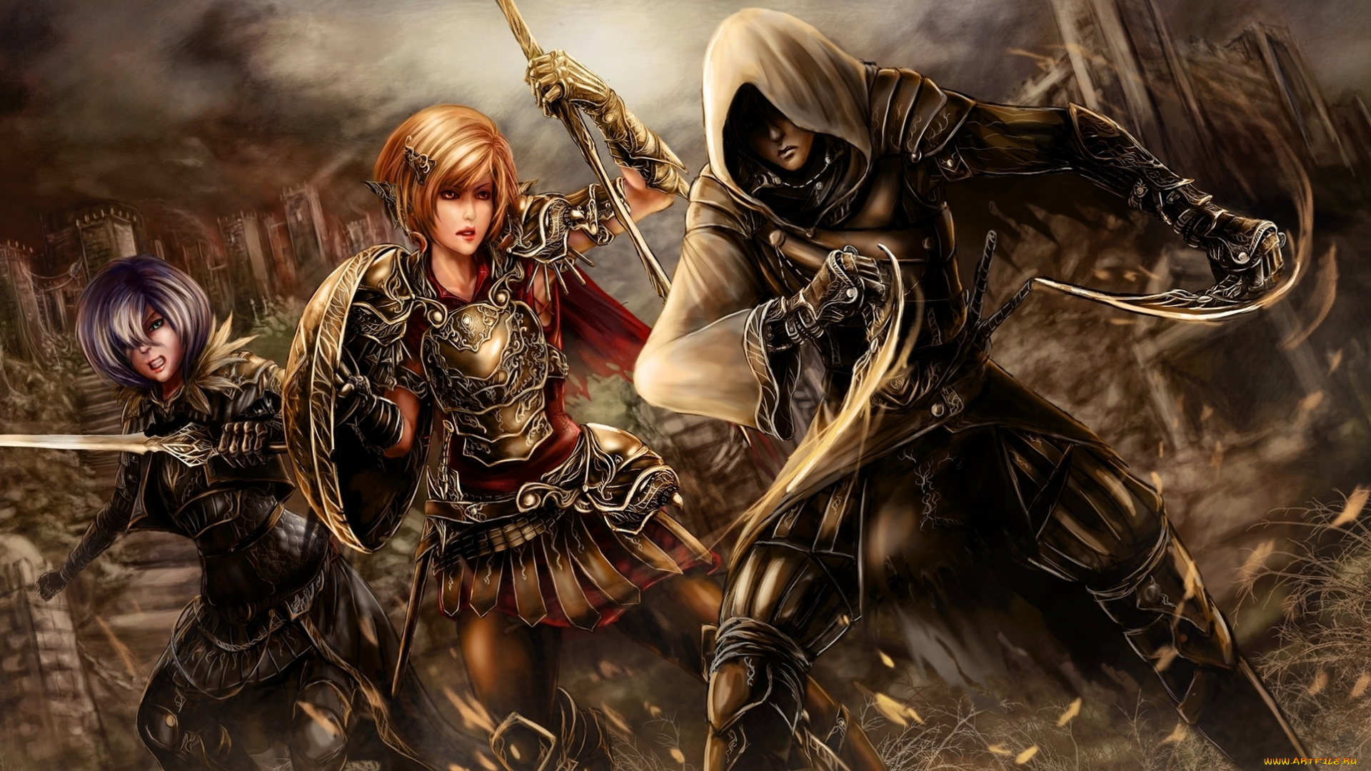 фэнтези, люди, доспехи, оружие, воины, девушки