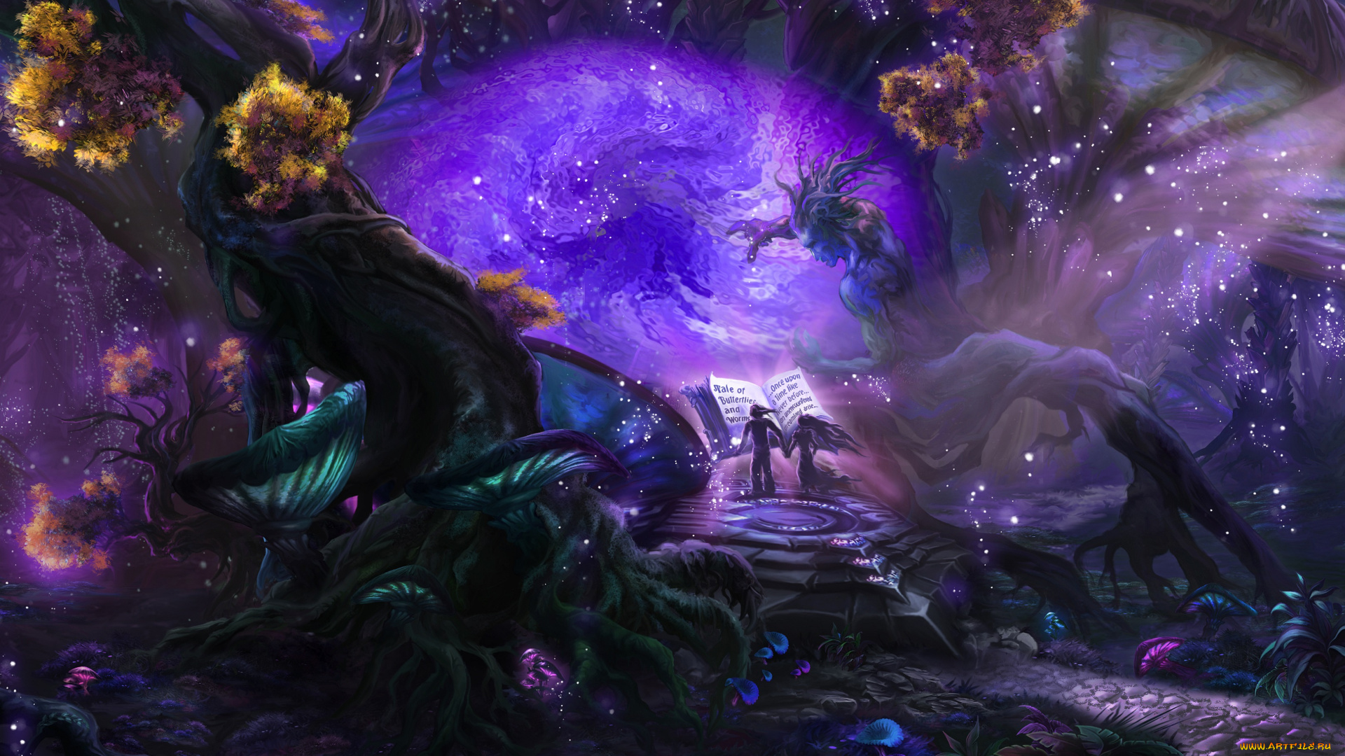 фэнтези, существа, лес, книга, art, магия, дерево, пара