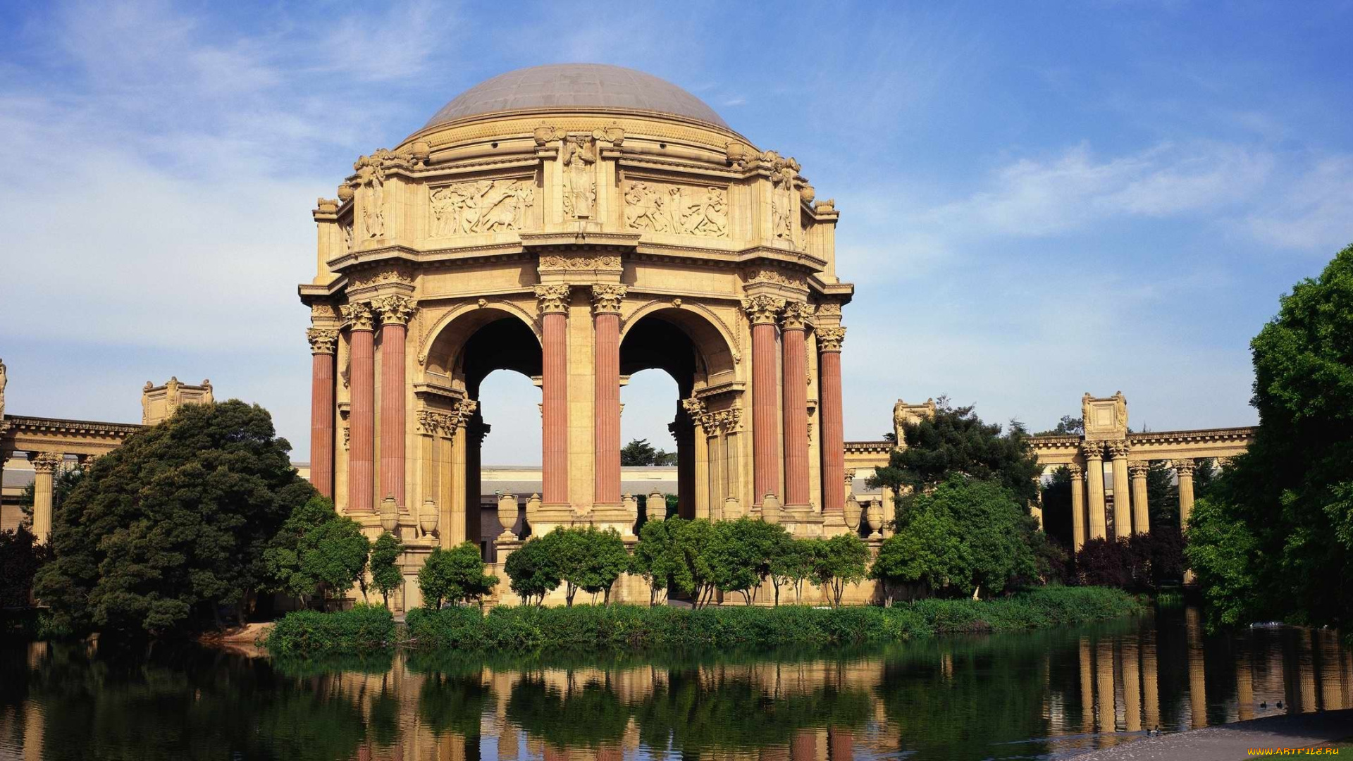 города, -, исторические, , архитектурные, памятники, ротонда, комплекс, озеро, парк, деревья, колонны, архитектура