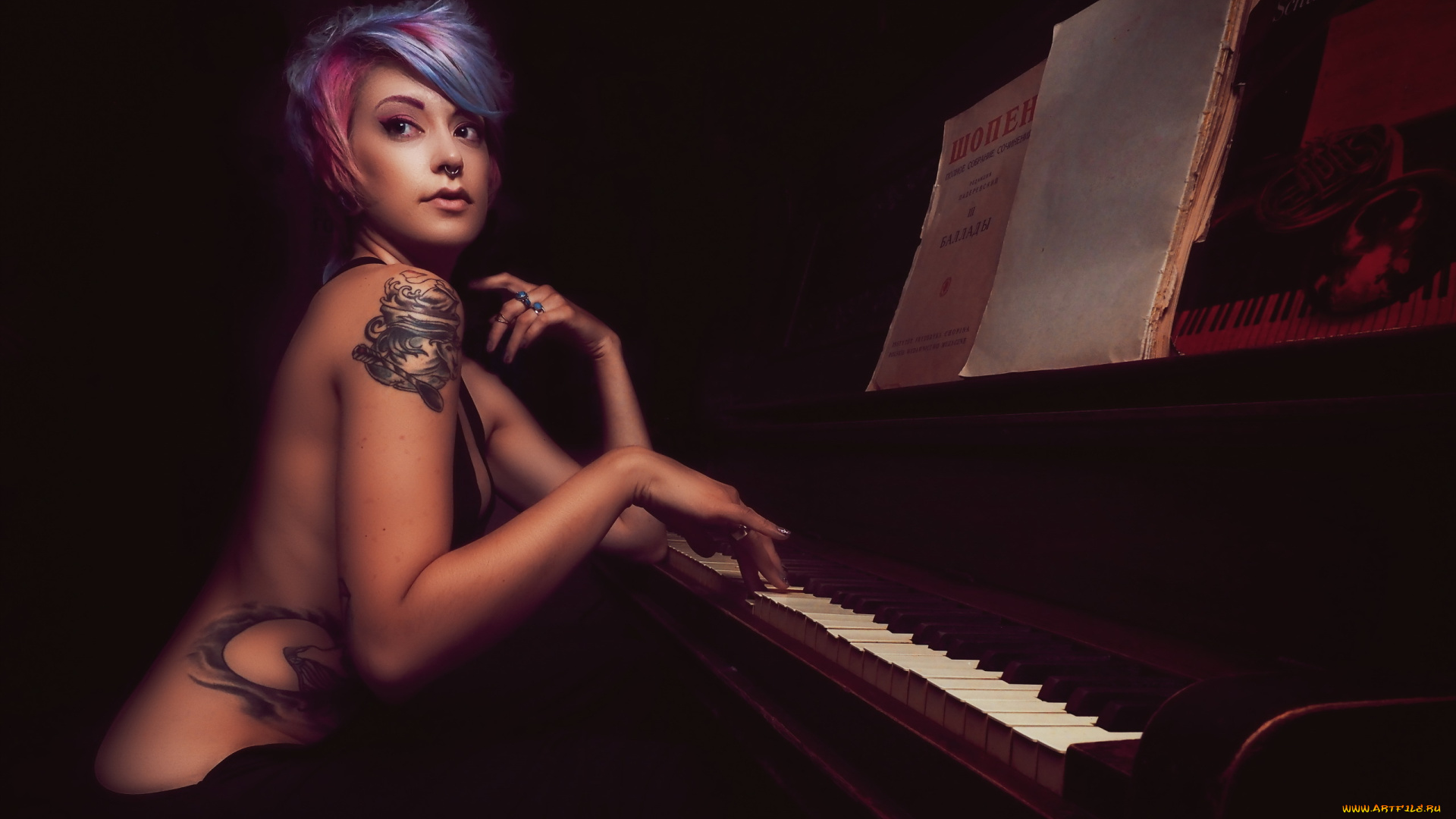 музыка, -, другое, пианино, девушка, тату