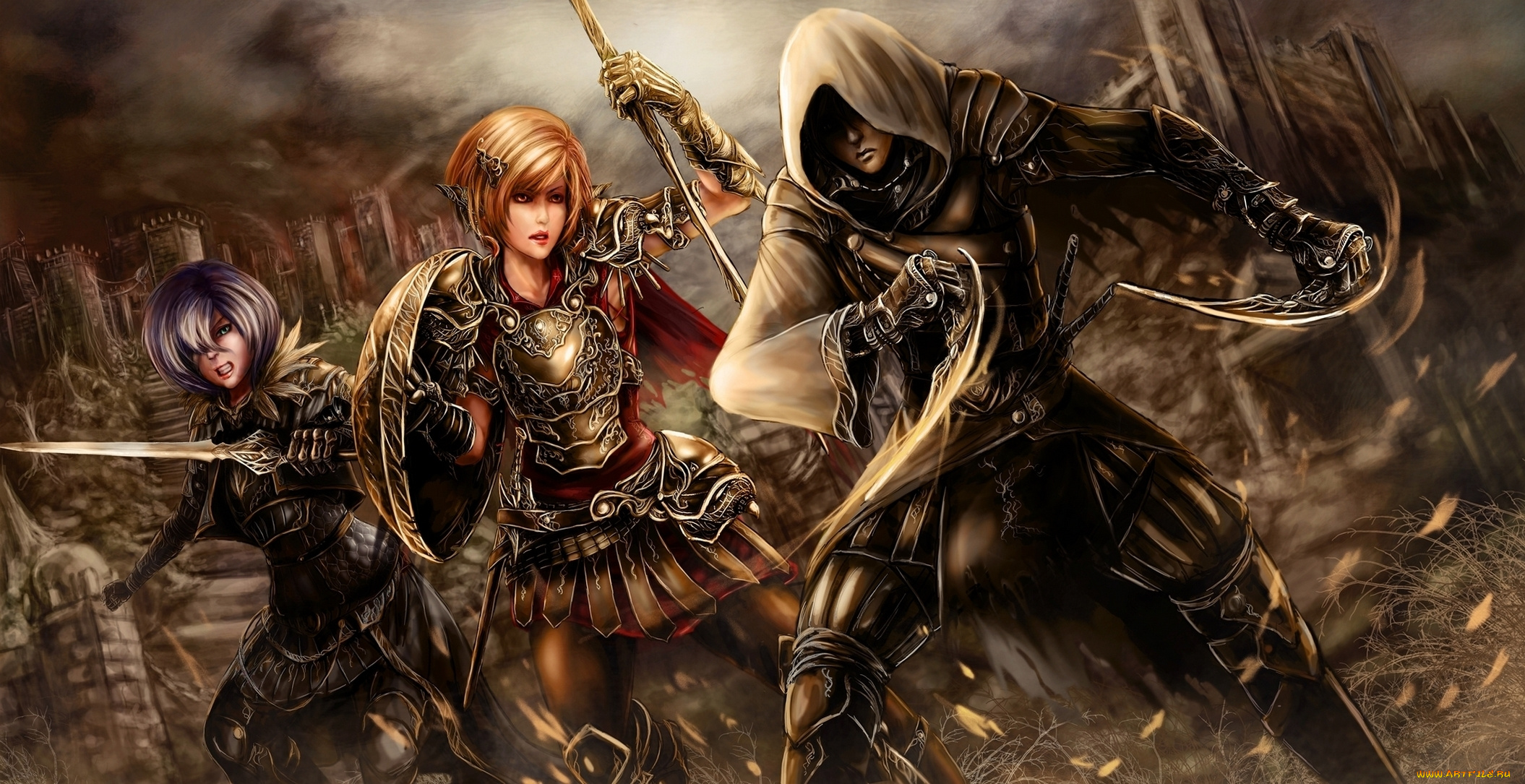 фэнтези, люди, доспехи, оружие, воины, девушки