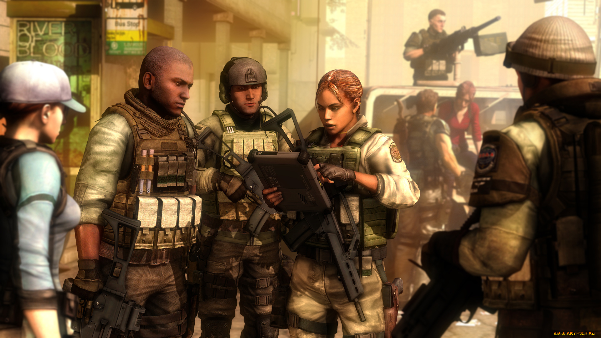 3д, графика, фантазия, , fantasy, взгляд, девушка, солдаты, фон