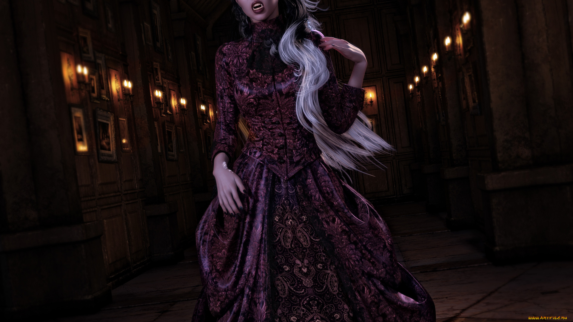 3д, графика, существа, , creatures, взгляд, девушка, вампир, фон