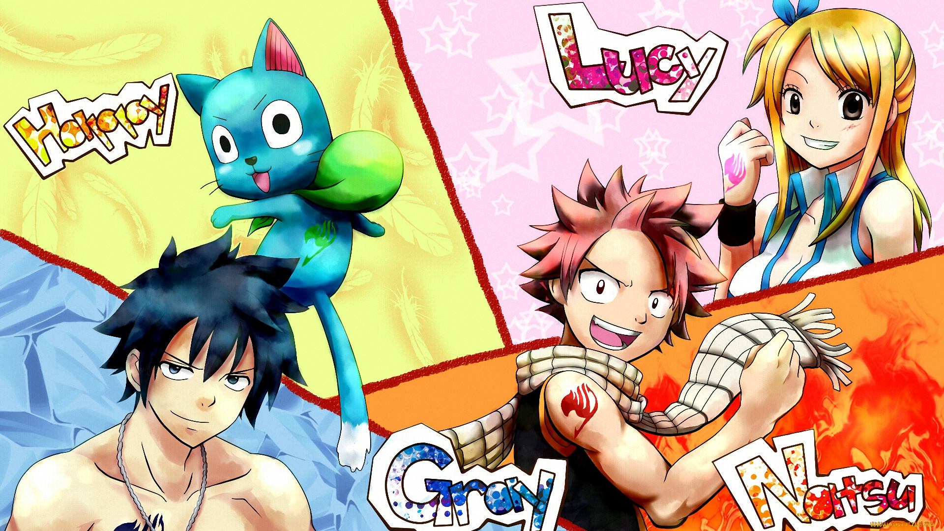 аниме, fairy, tail, кот, natsu, gray, happy, чародей, lucy, маг, волшебники