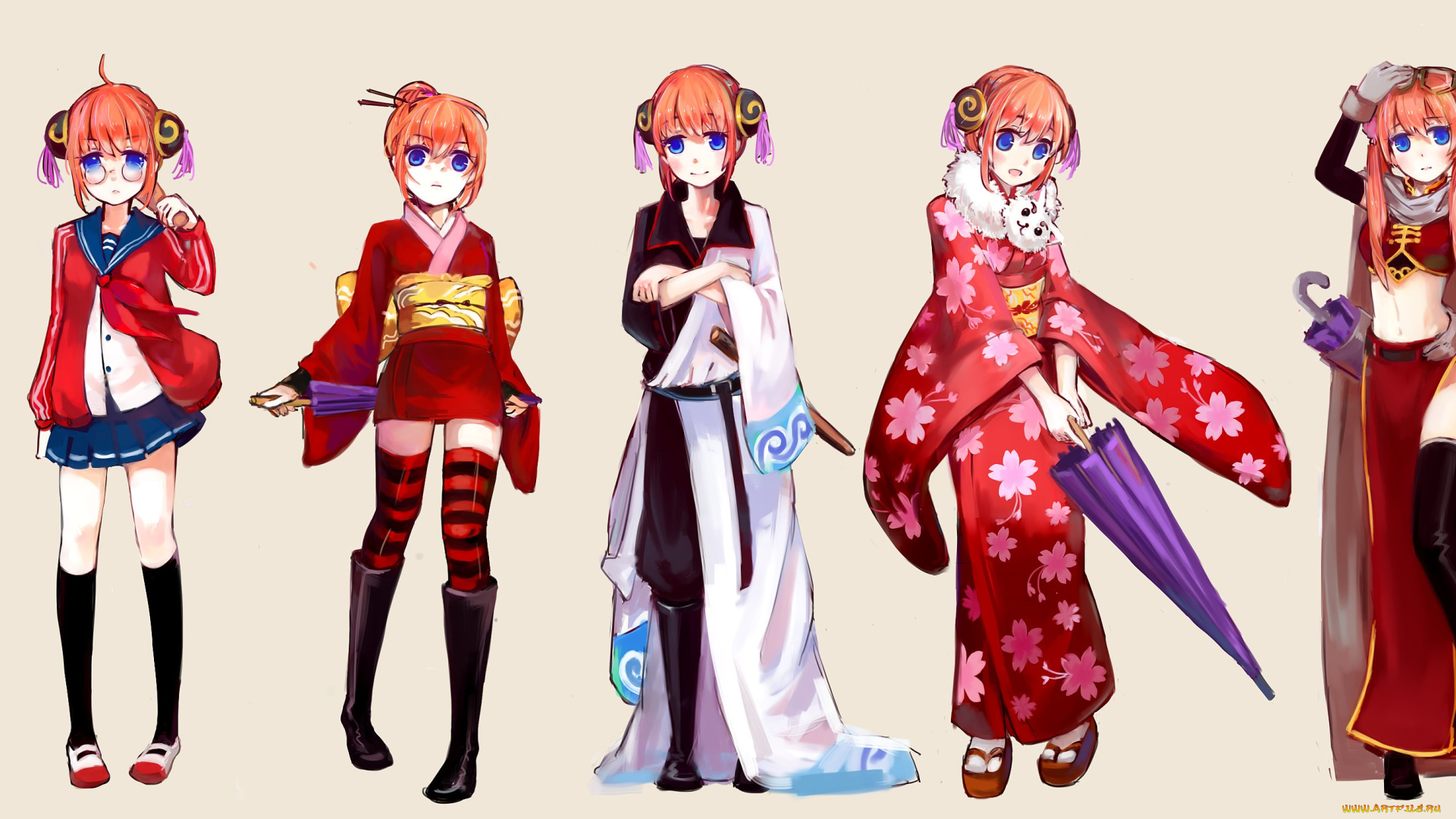 аниме, gintama, зонт, кагура, арт, девочка, гинтама