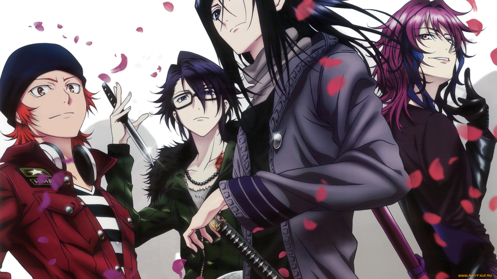 аниме, k, project, munakata, reisi, misaki, yata, k-project, арт, mishakuji, yukari, yatogami, kuroh, катана, лепестки, парни, оружие