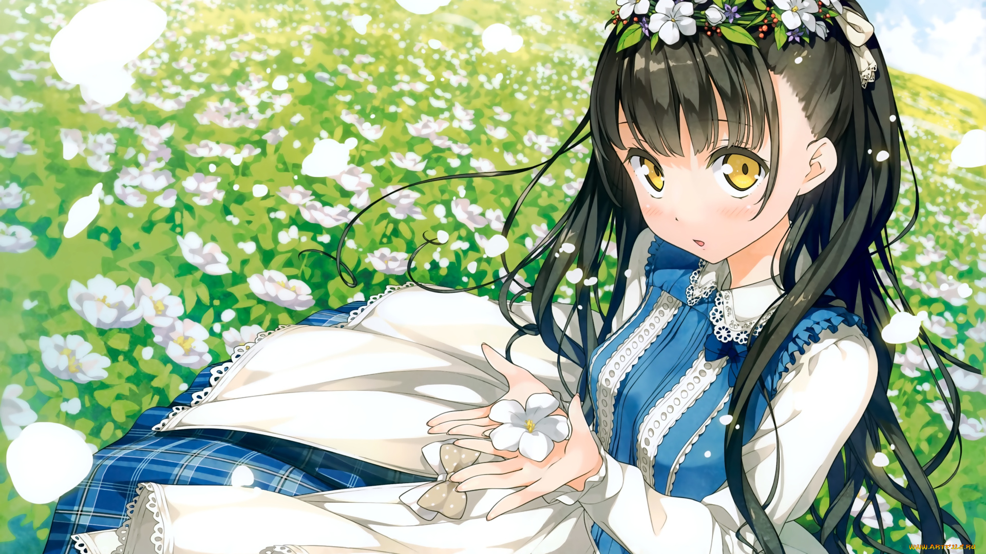 аниме, kantoku, , artbook, арт, девочка, луг, цветы