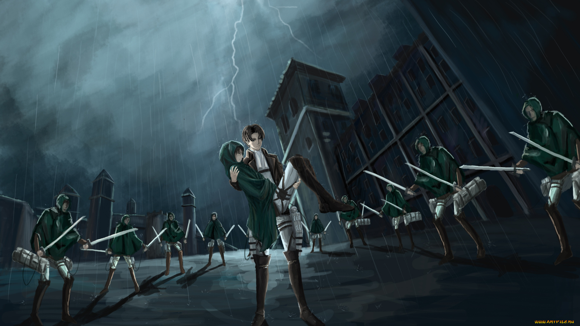 аниме, shingeki, no, kyojin, арт, эрен, леви, ночь, персонажи, атака, титанов, фон