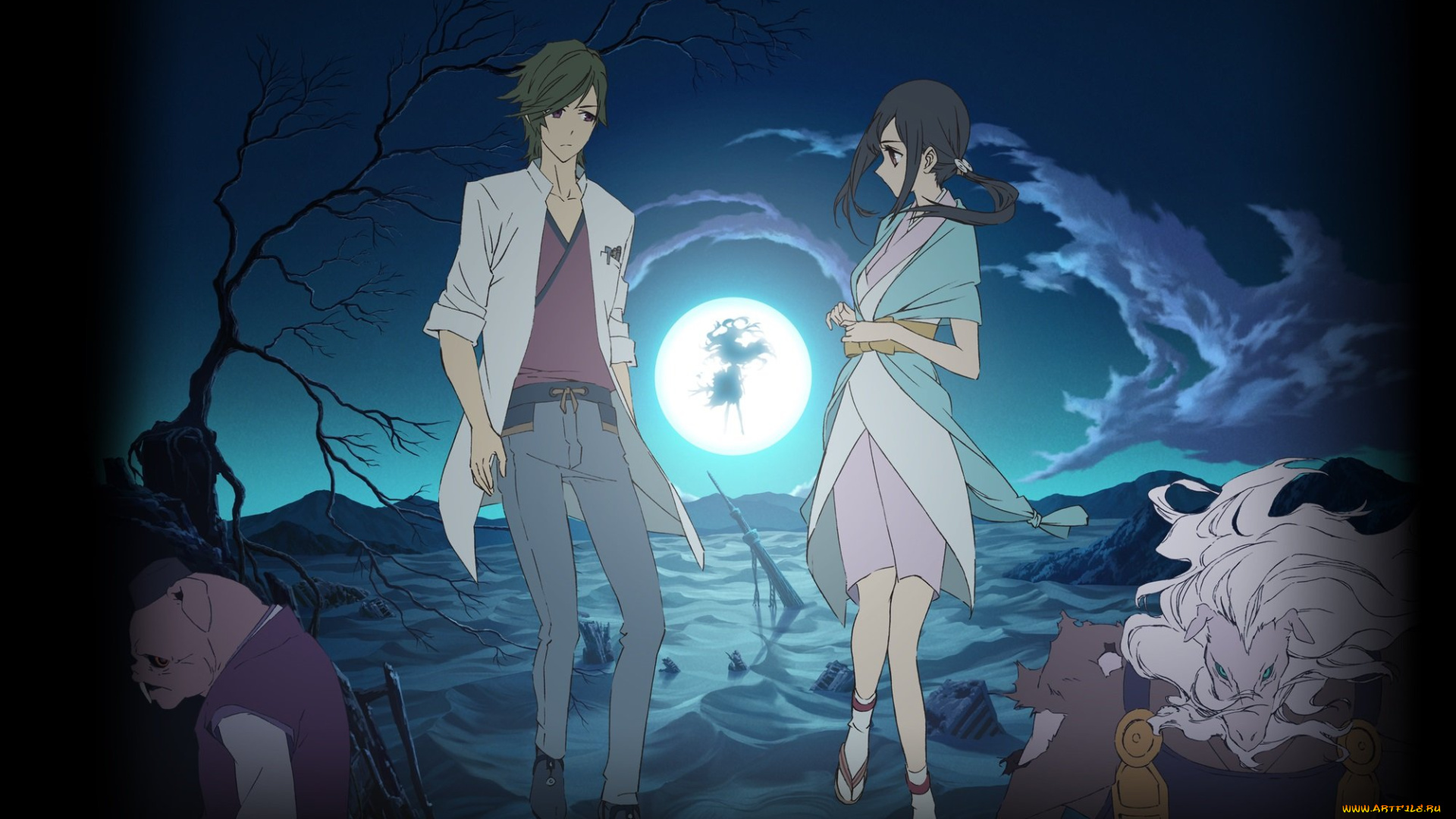 аниме, shinsekai, yori, ночь, парень, девушка, арт