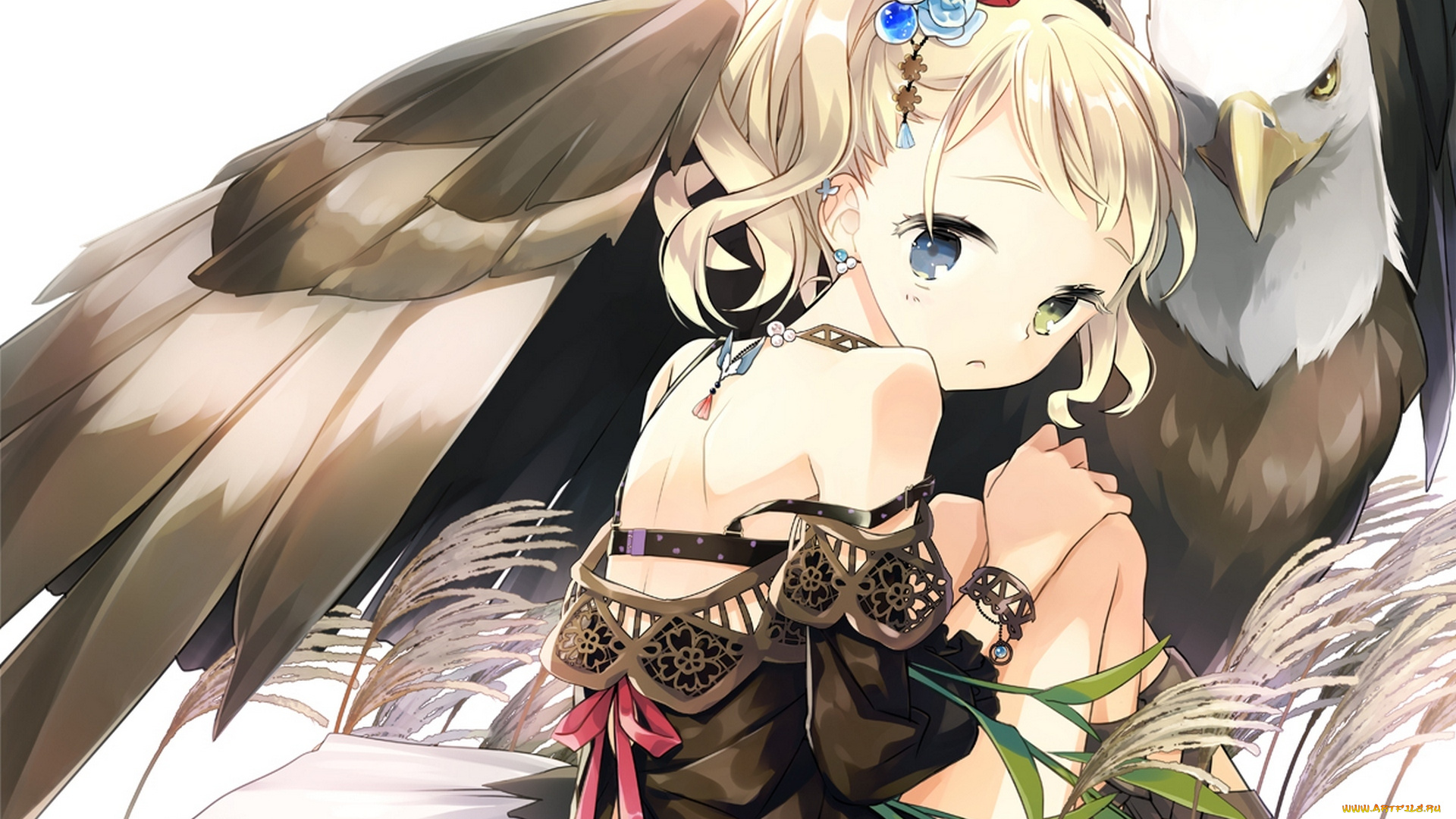 аниме, животные, , существа, трава, орел, птица, гетерохромия, ленты, девушка, hajida, арт