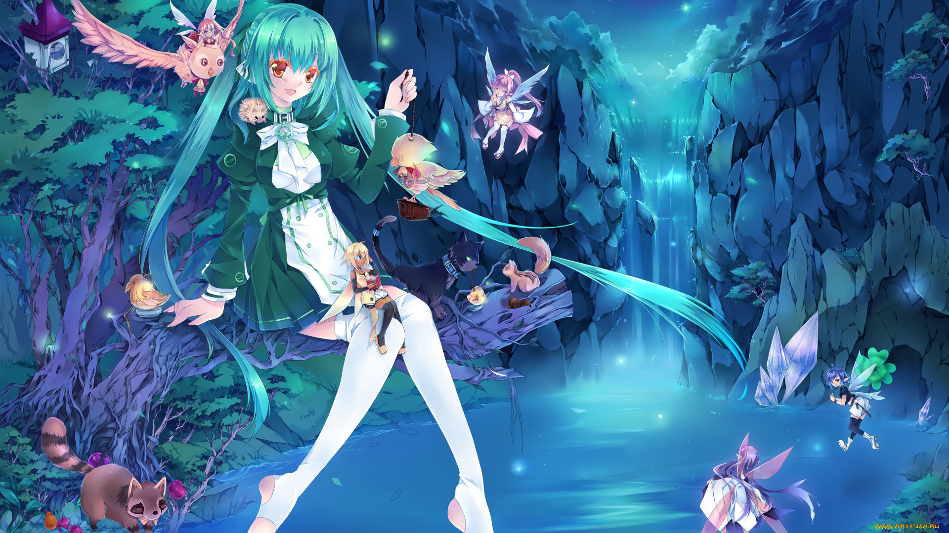 аниме, животные, , существа, звери, девушка, водопад, фентези, арт