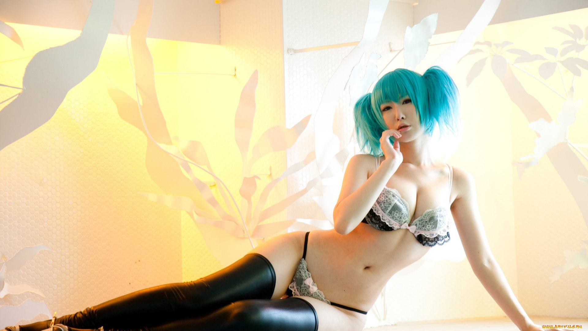 девушки, -unsort, , азиатки, синеволосая, белье, каблуки, азиатка, чулки