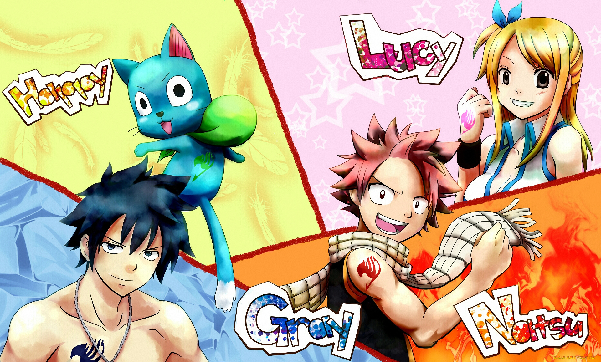 аниме, fairy, tail, кот, natsu, gray, happy, чародей, lucy, маг, волшебники