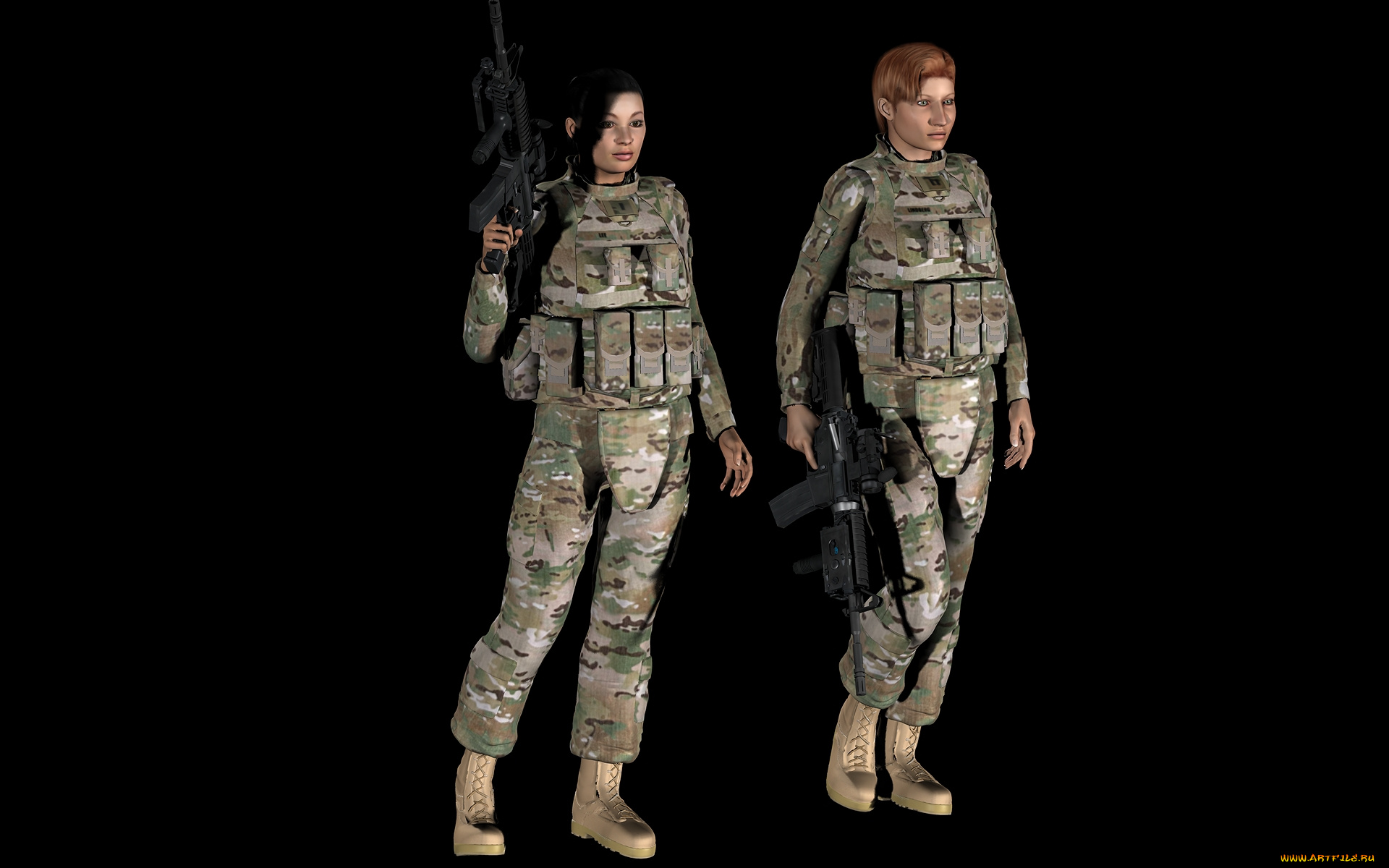 3д, графика, армия, , military, форма, взгляд, автомат, фон, девушки