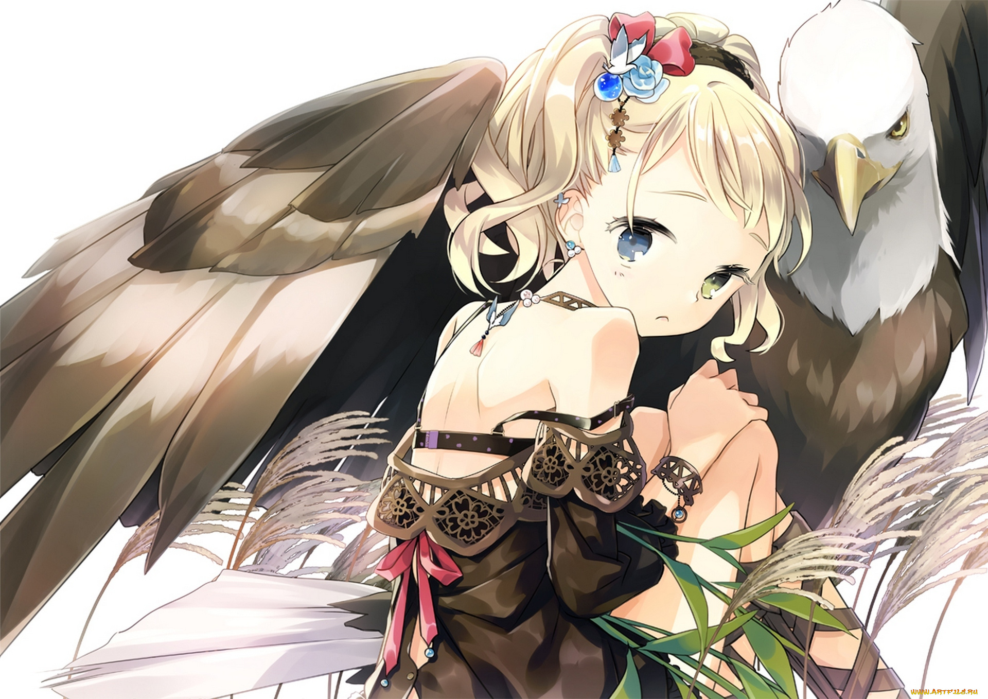 аниме, животные, , существа, трава, орел, птица, гетерохромия, ленты, девушка, hajida, арт