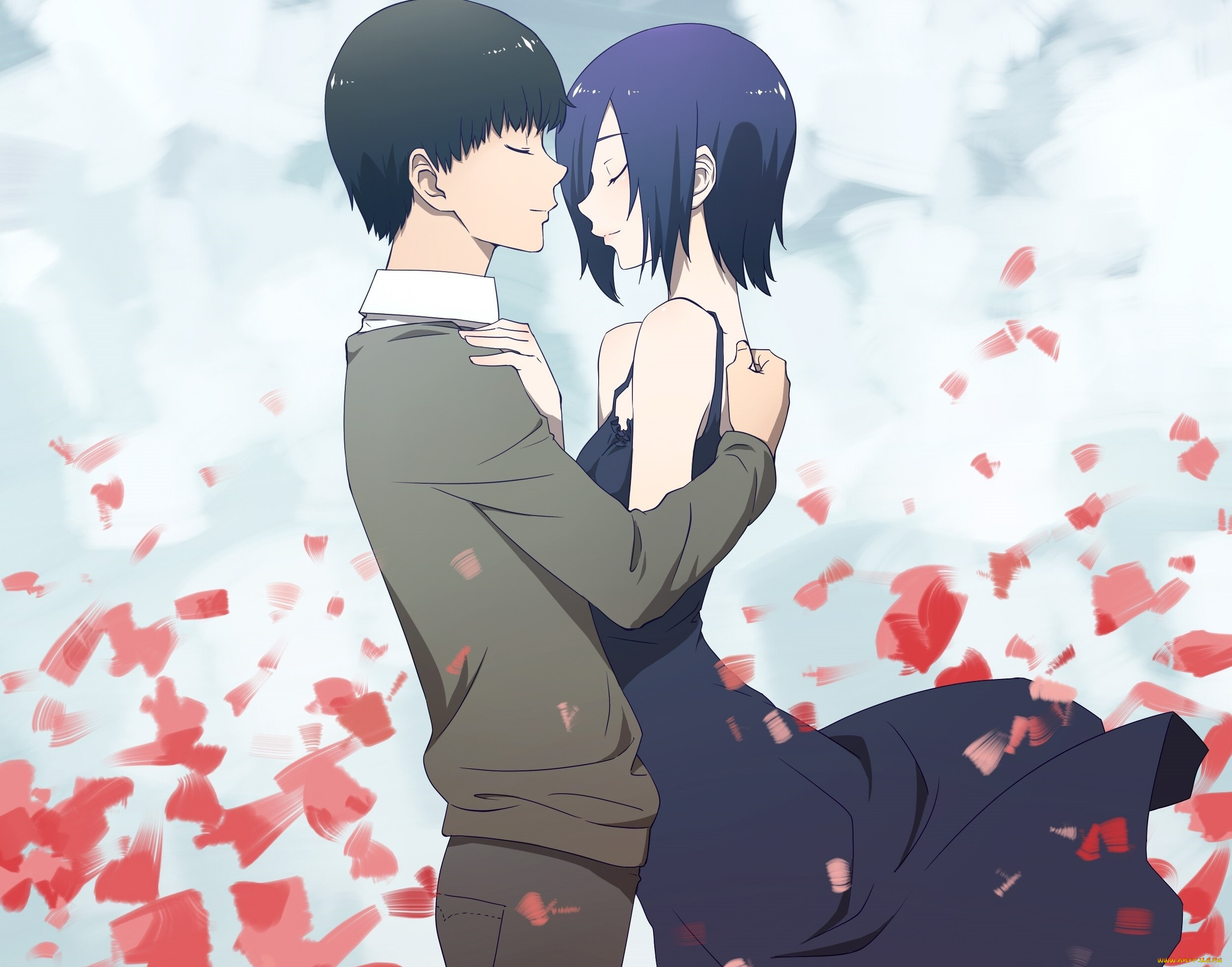 tokyo, ghoul, аниме, парень, лепестки, фон, девушка, взгляд