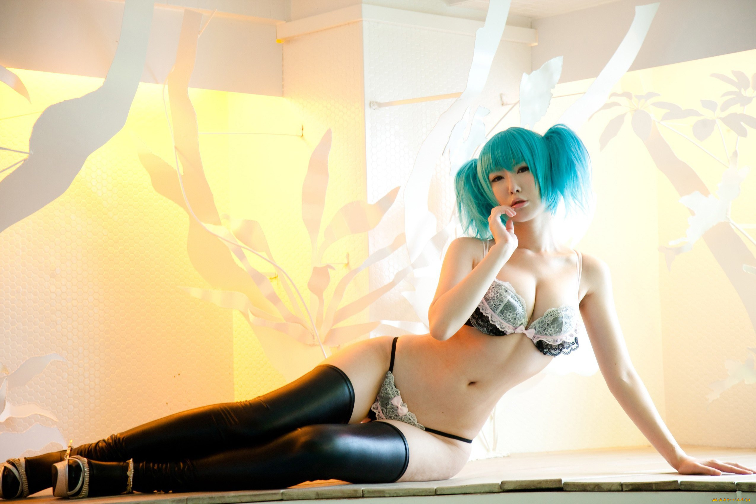 девушки, -unsort, , азиатки, синеволосая, белье, каблуки, азиатка, чулки